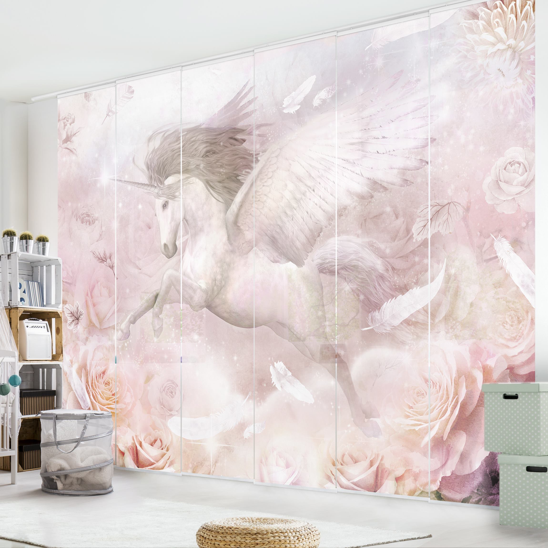 Schiebegardine Pegasus Einhorn mit Rosen