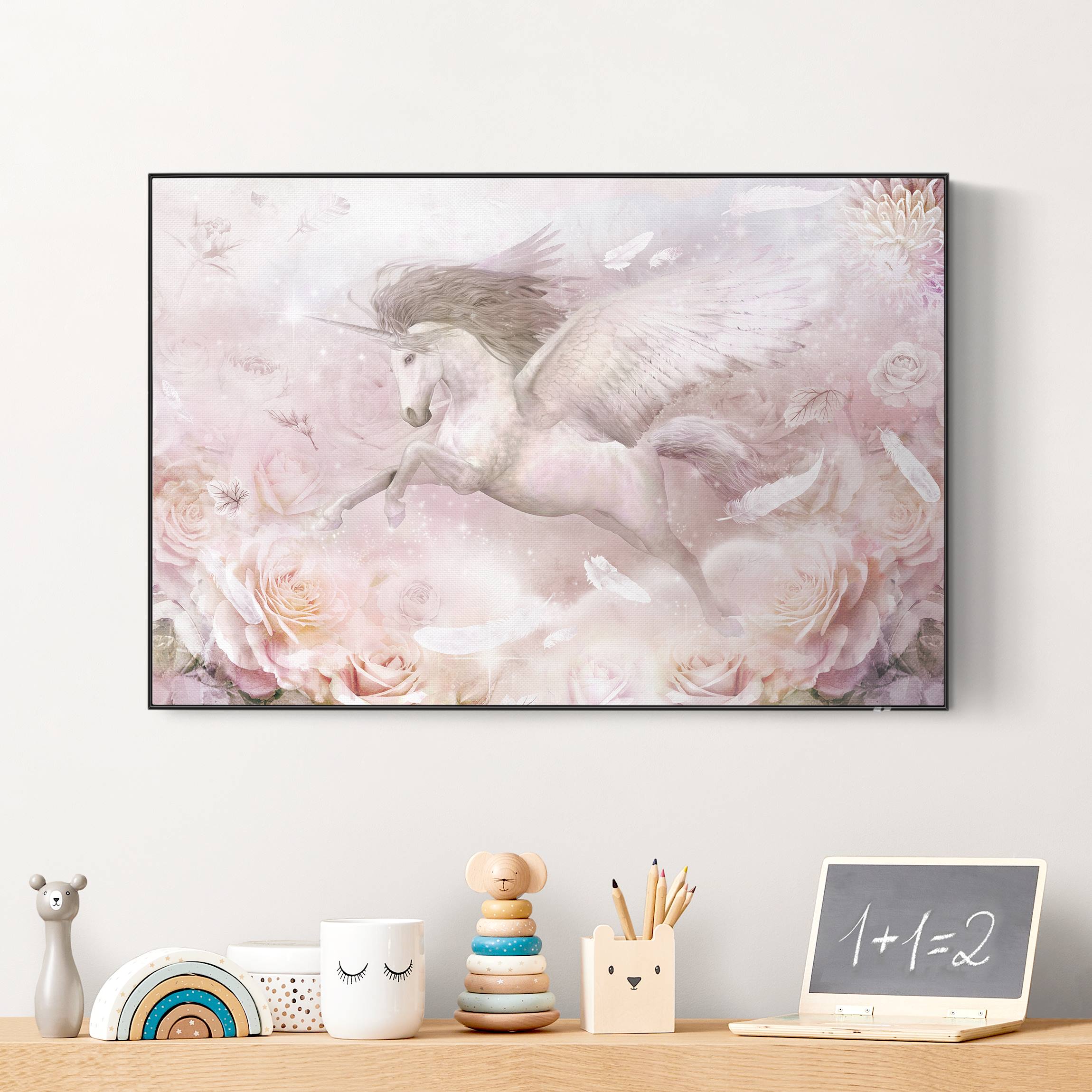 Akustik-Wechselbild Pegasus Einhorn mit Rosen