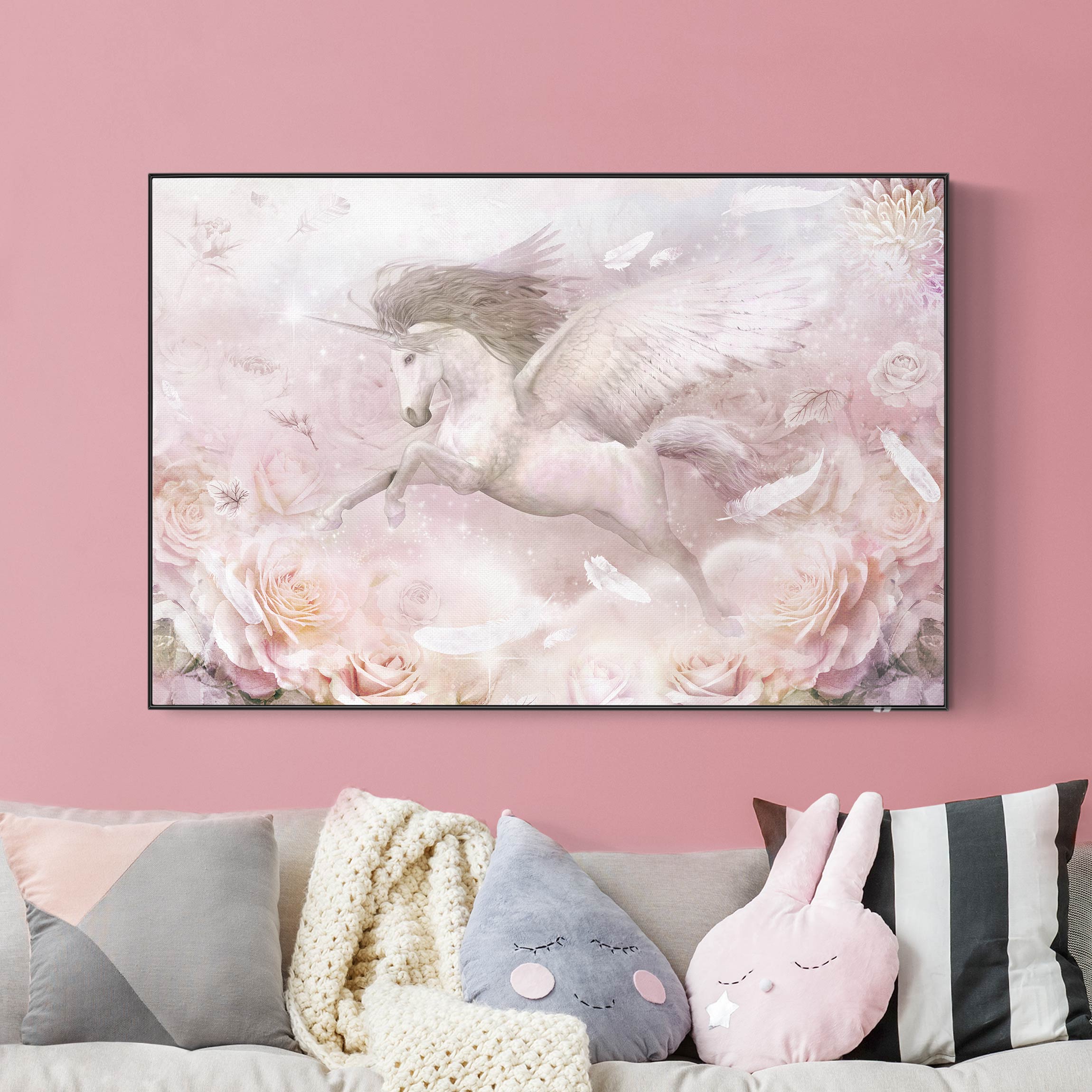 Akustik-Wechselbild Pegasus Einhorn mit Rosen