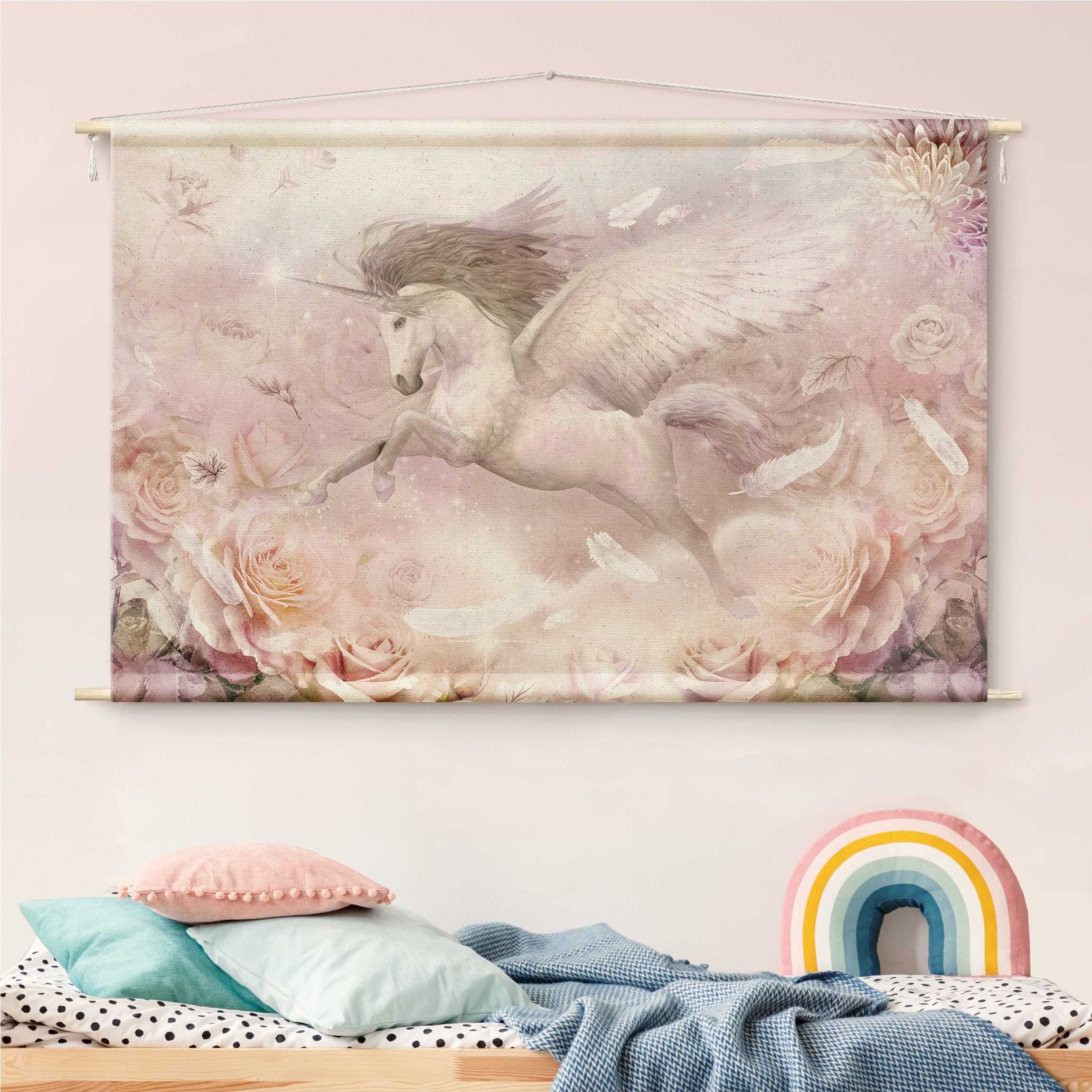 Wandteppich Pegasus Einhorn mit Rosen