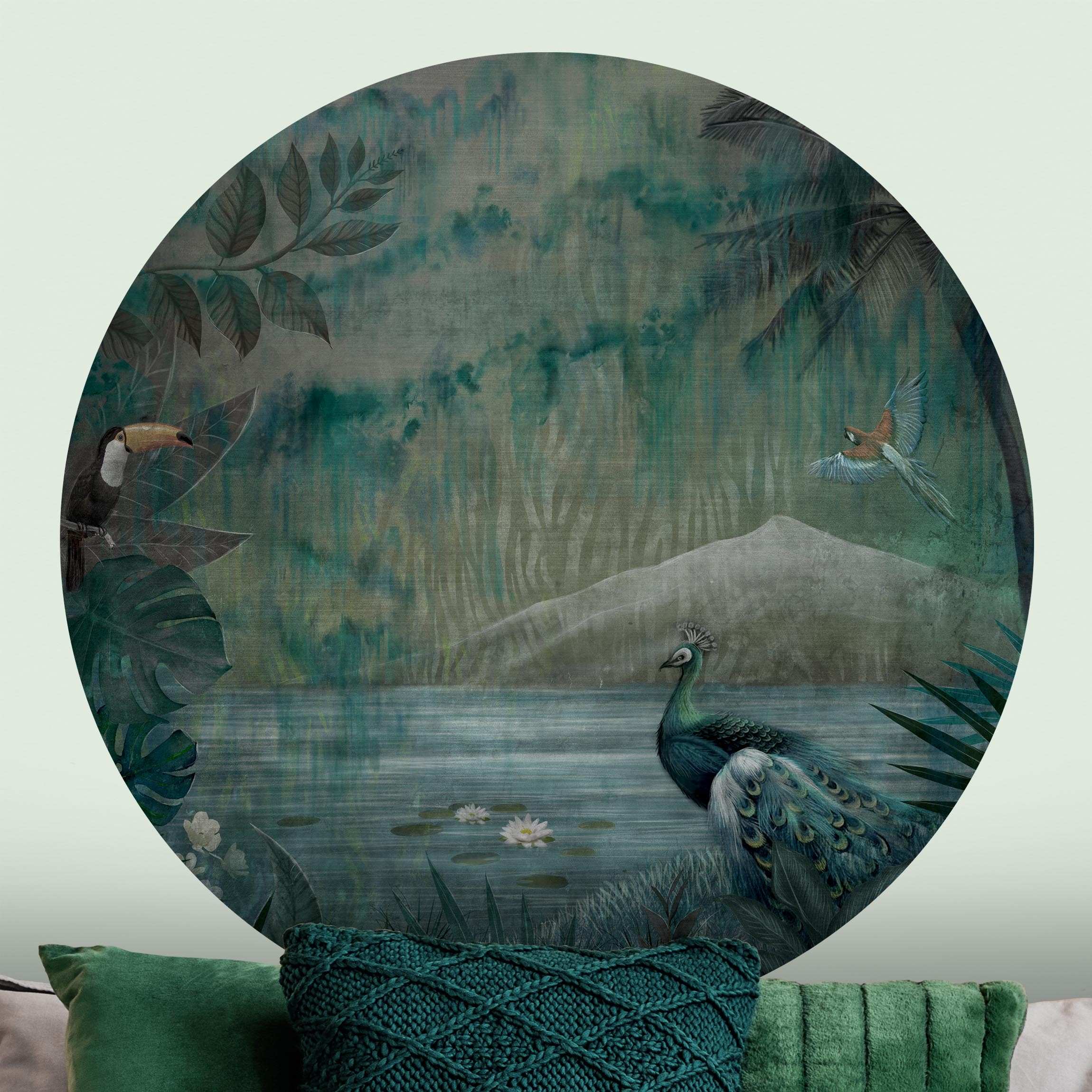 Runde Tapete selbstklebend Pfau am tropischen See