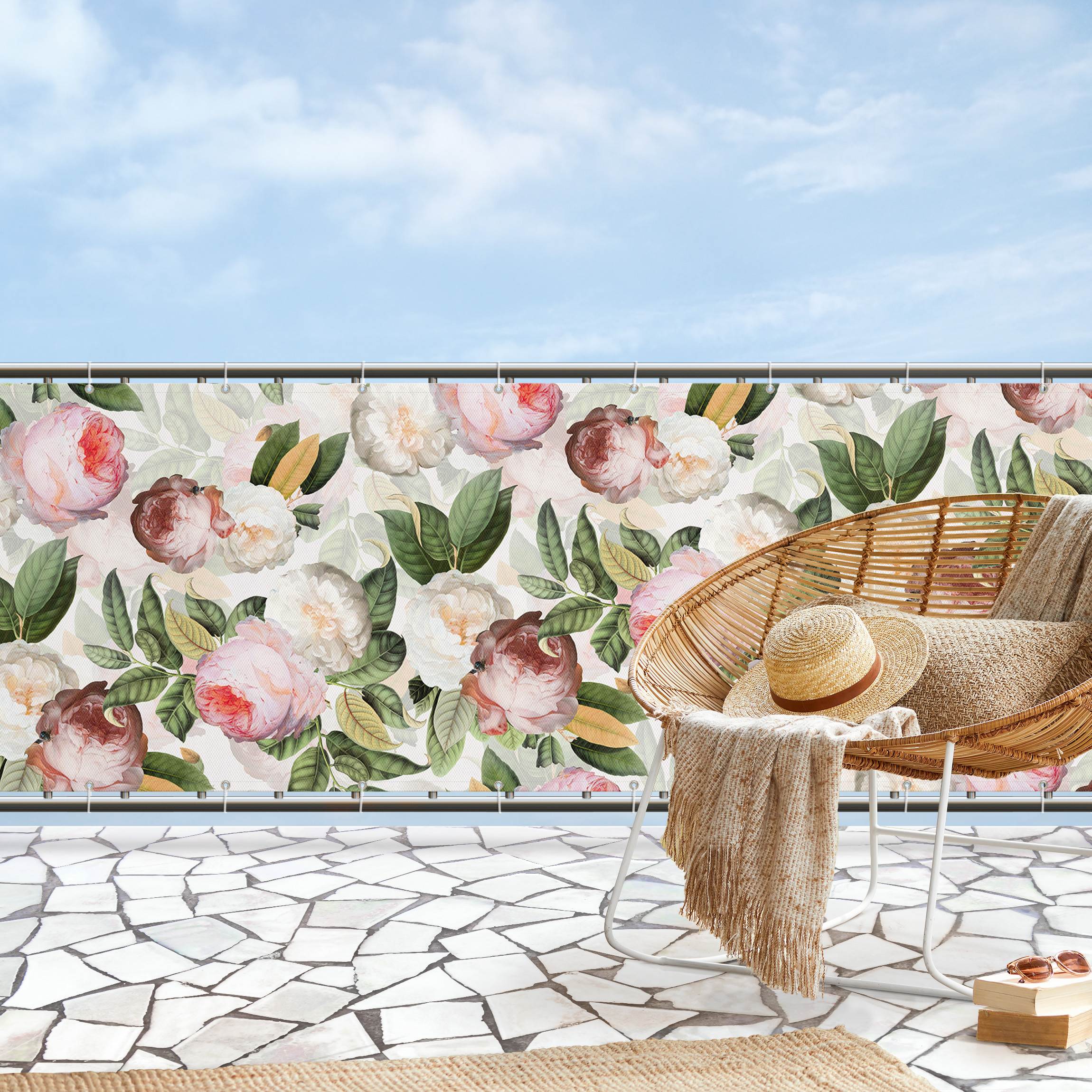 Balkon Sichtschutz Pfingstrosen mit Blättern