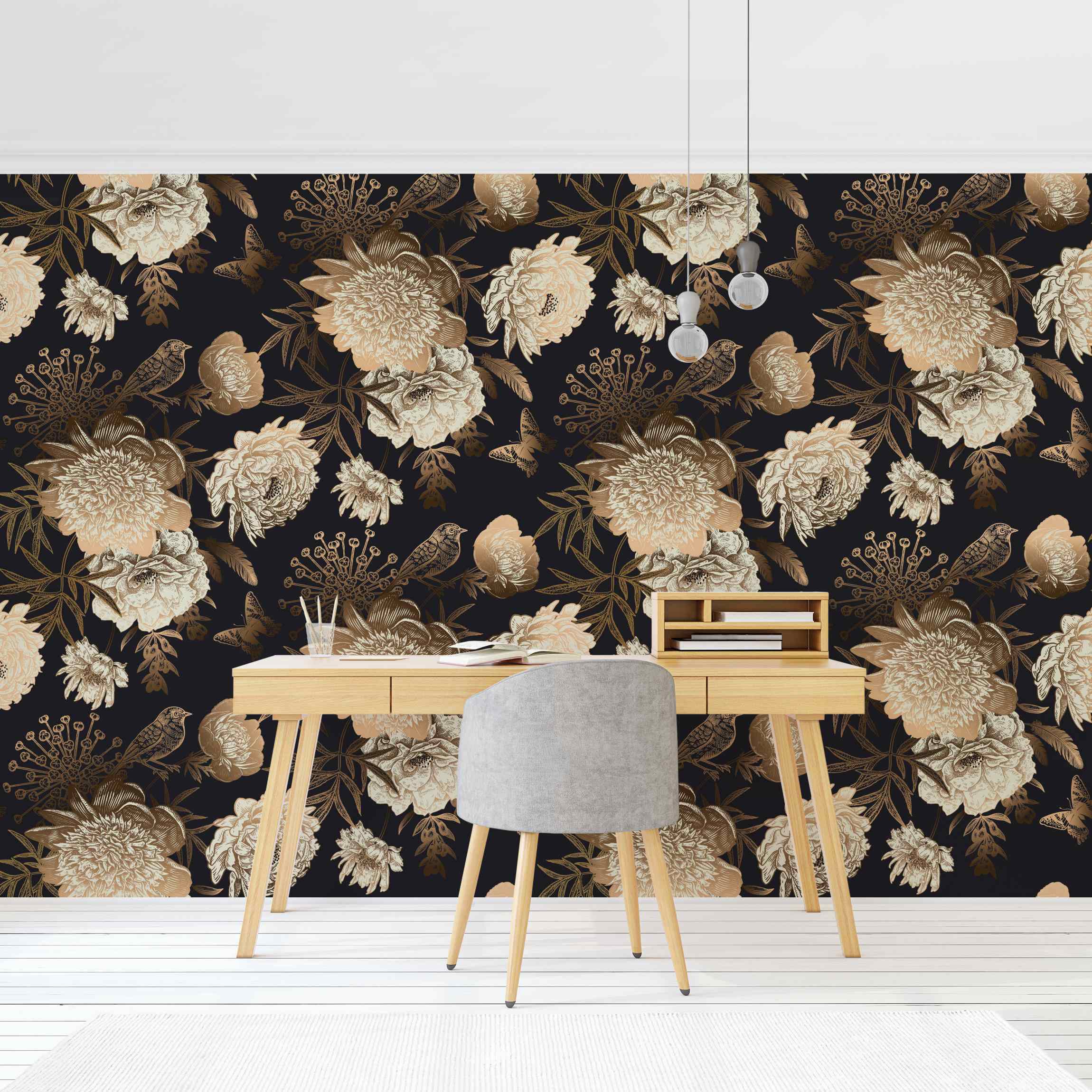 Mustertapete Pfingstrosen Muster Schwarz Gold