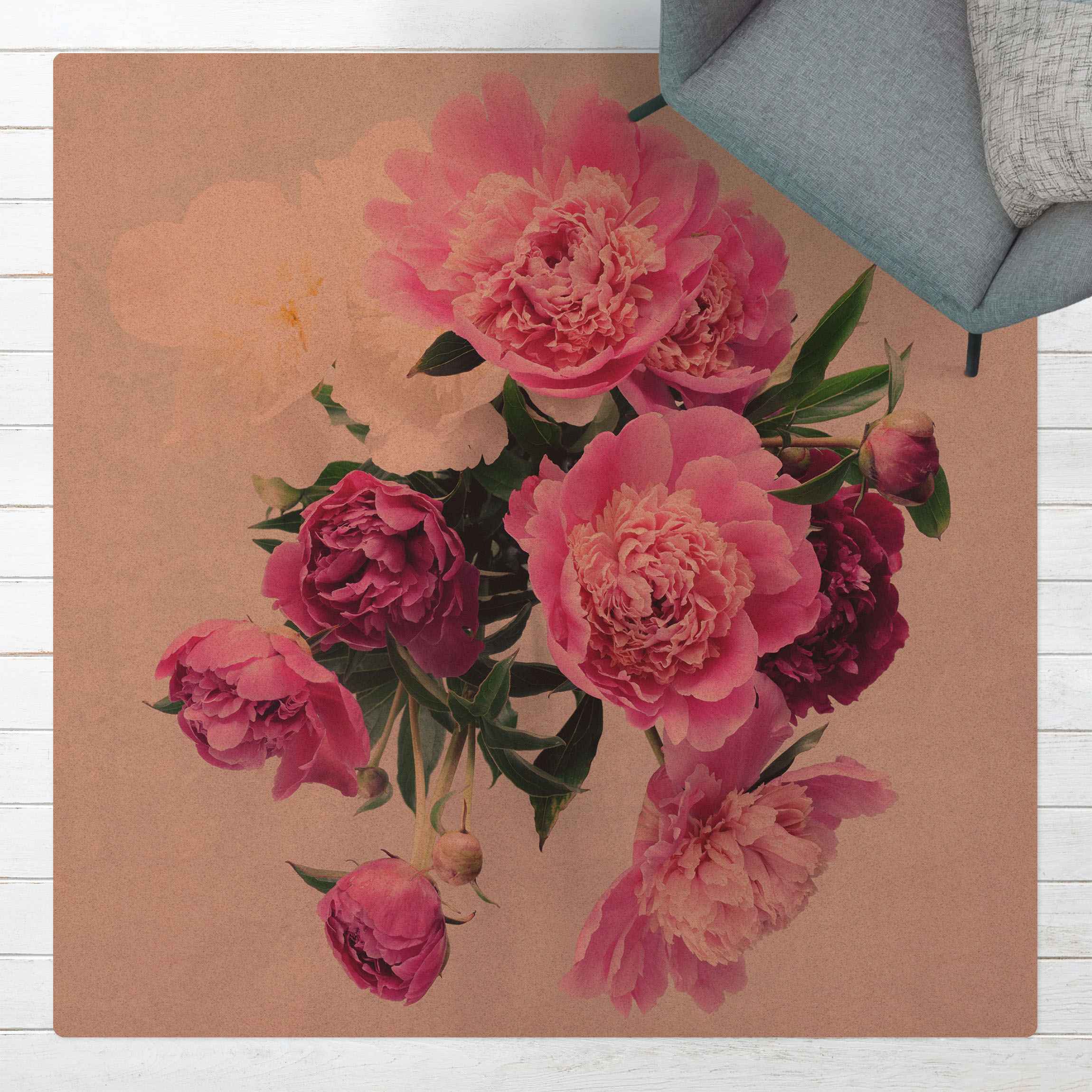 Kork-Teppich Pfingstrosen Shabby Rosa Weiß