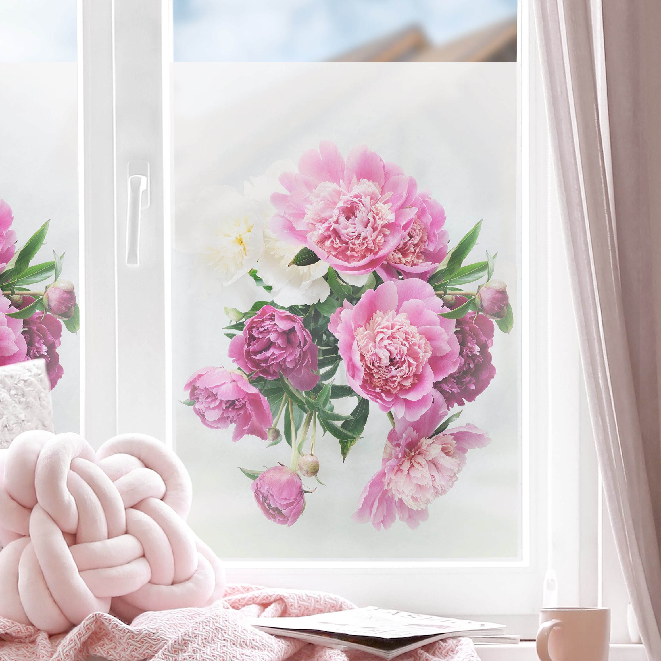 Fensterfolie Pfingstrosen Shabby Rosa Weiß