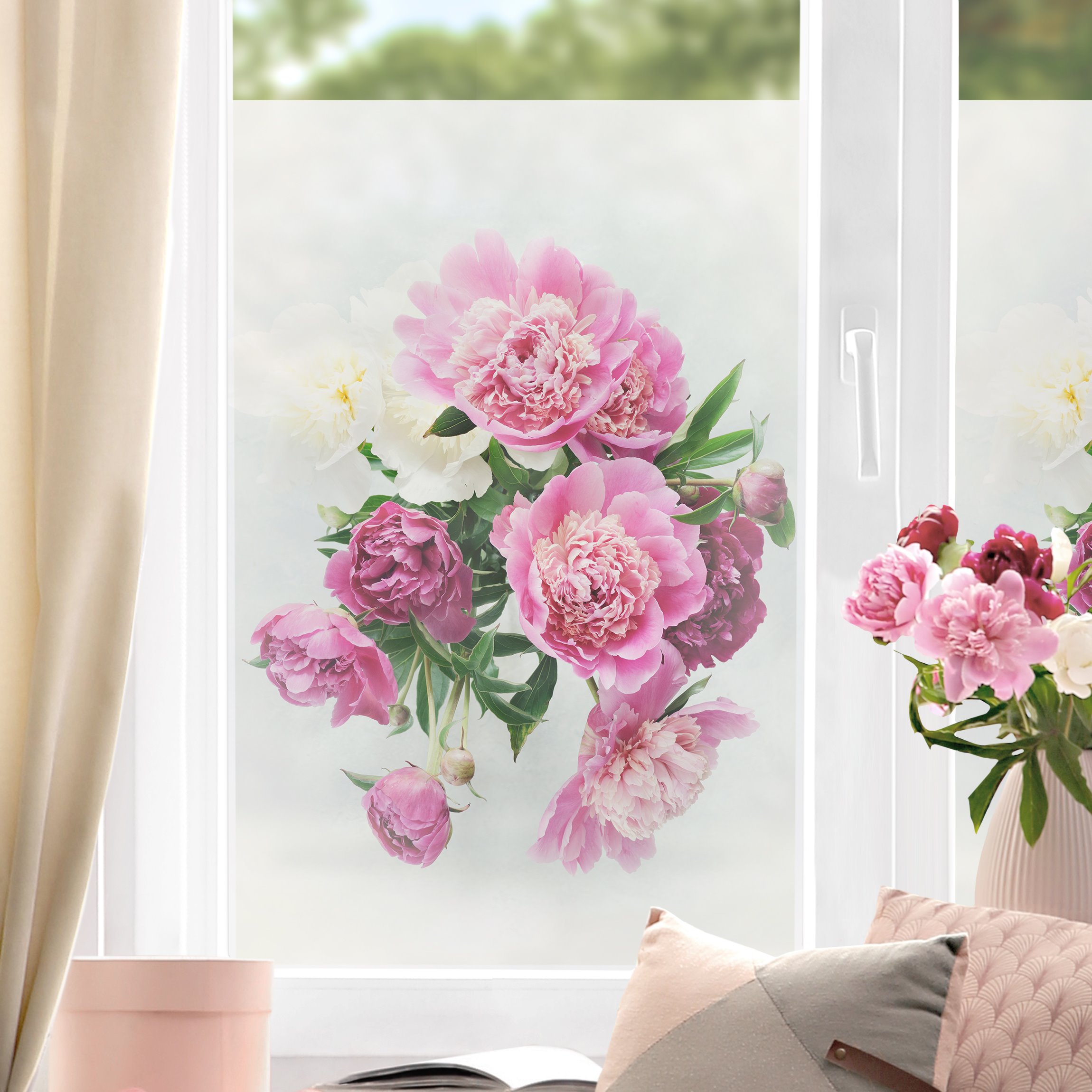 Fensterfolie Pfingstrosen Shabby Rosa Weiß