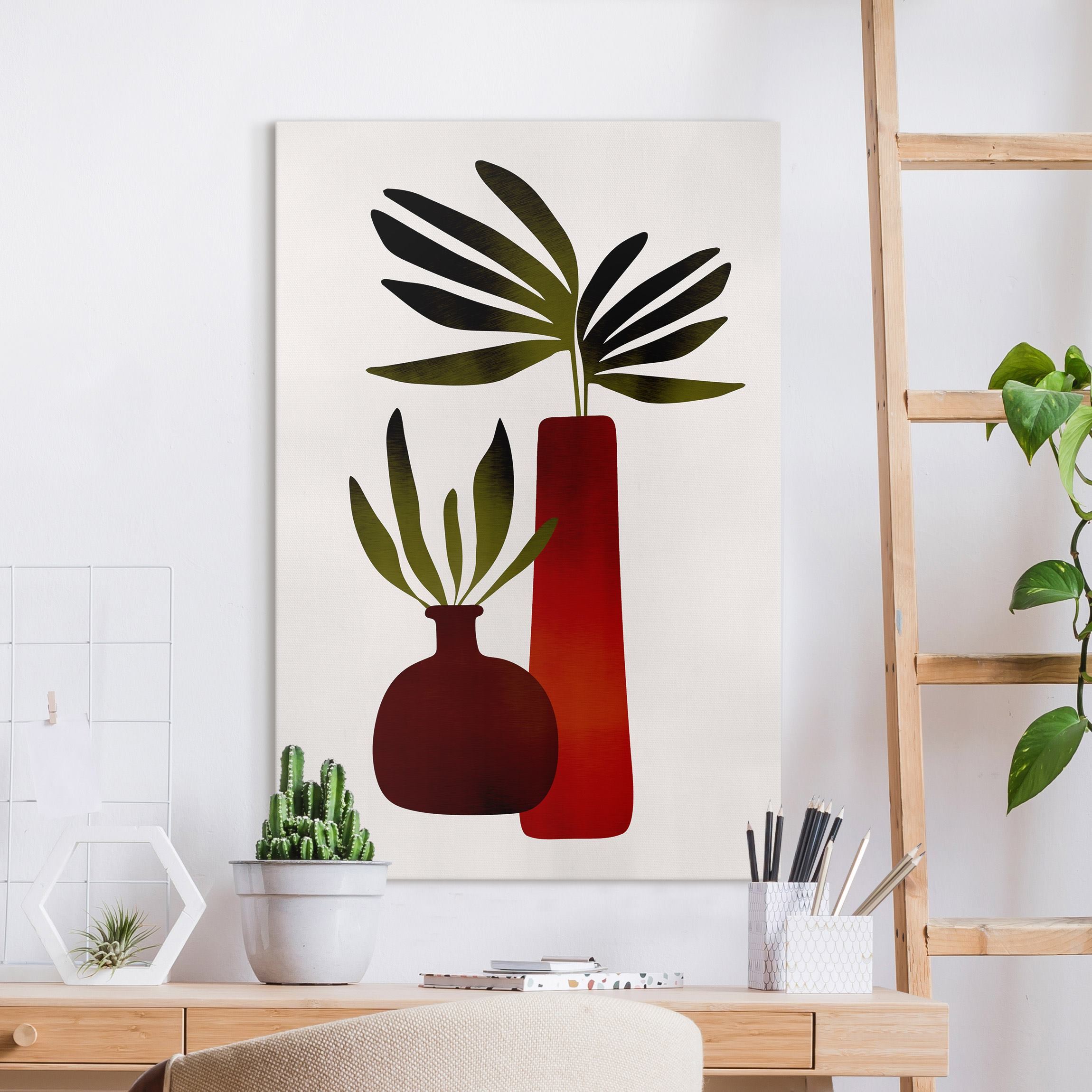 Leinwandbild Pflanzen in roten Vasen