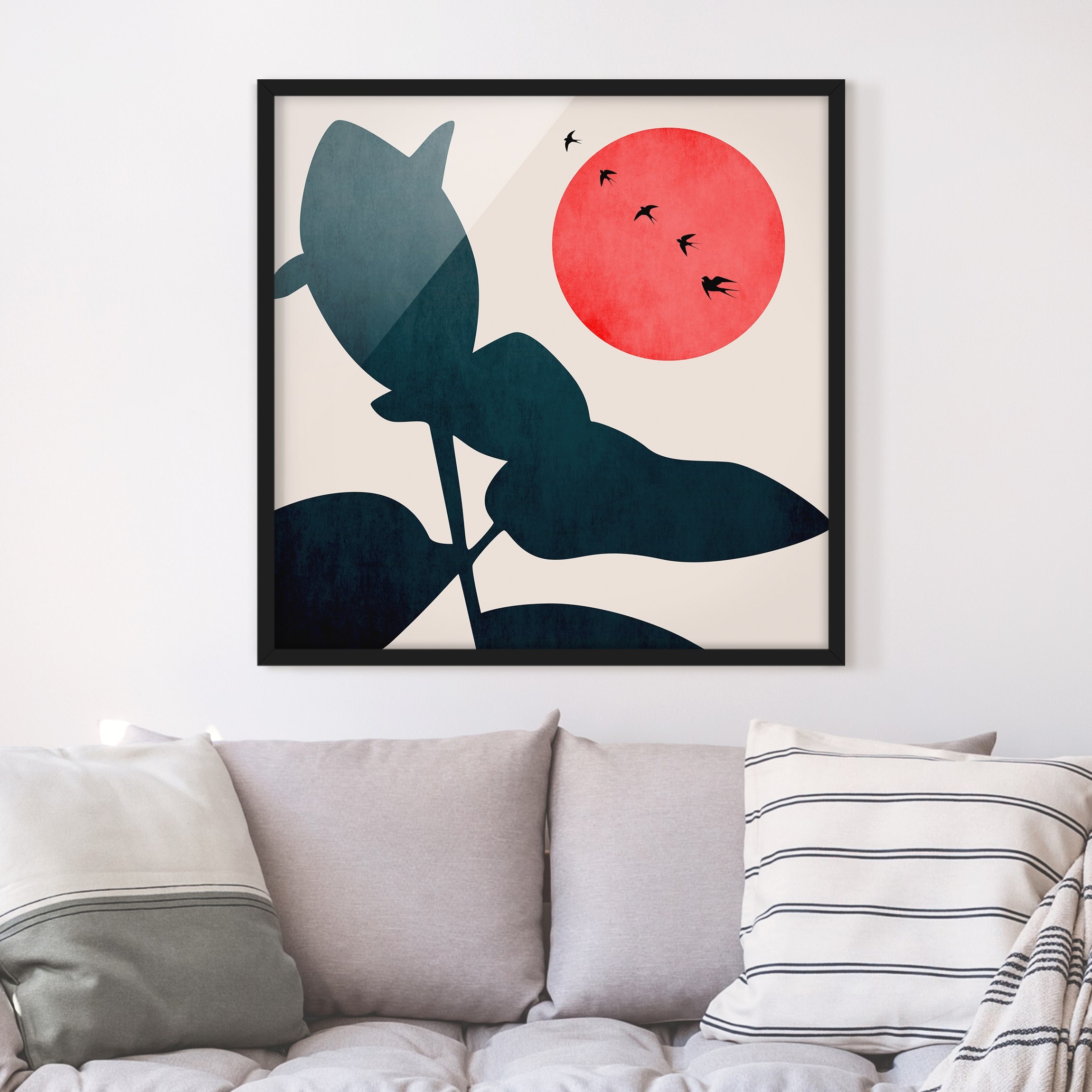 Bild mit Rahmen Pflanzenwelt mit roter Sonne