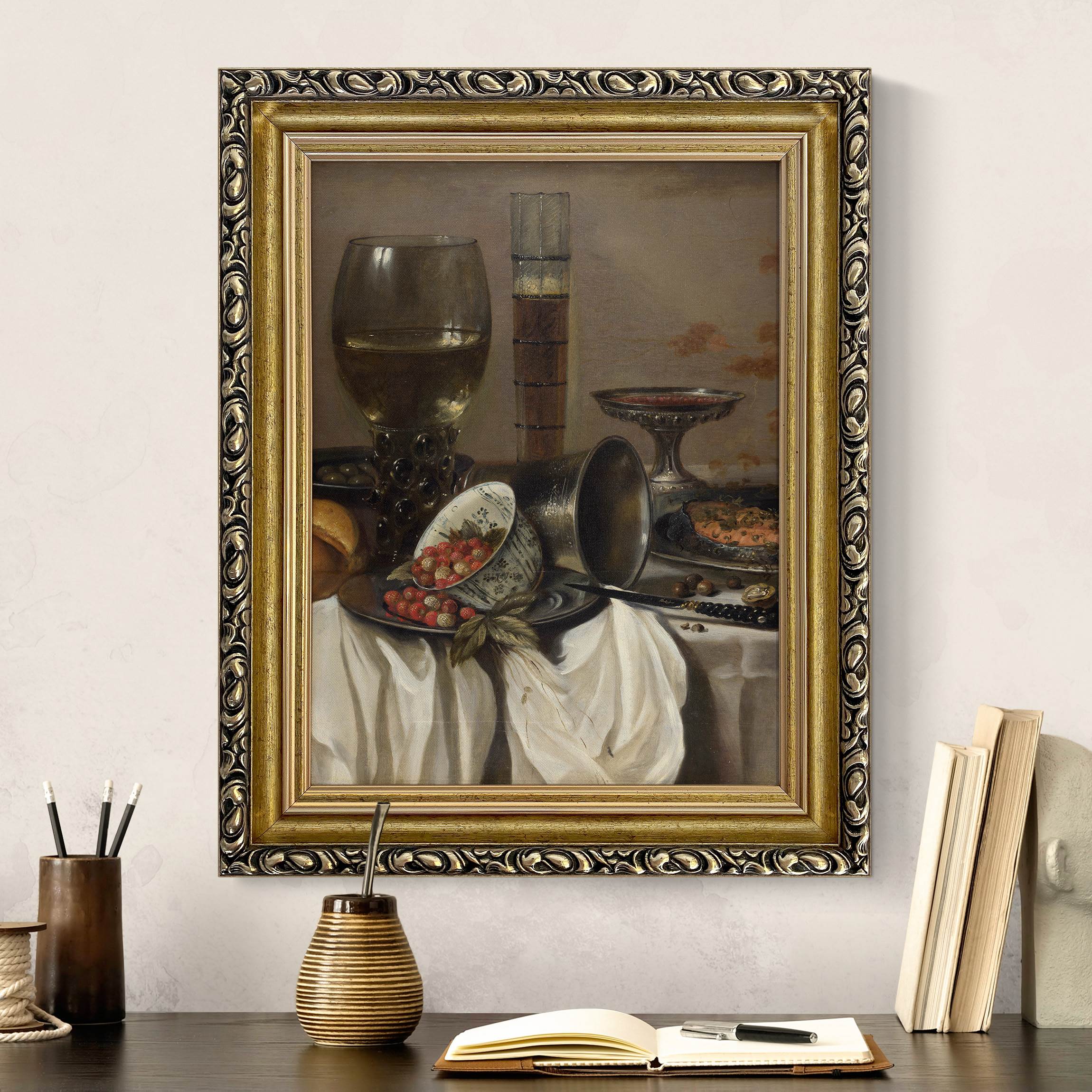 Leinwandbild mit Barockrahmen Pieter Claesz - Stillleben mit Trinkgefäßen