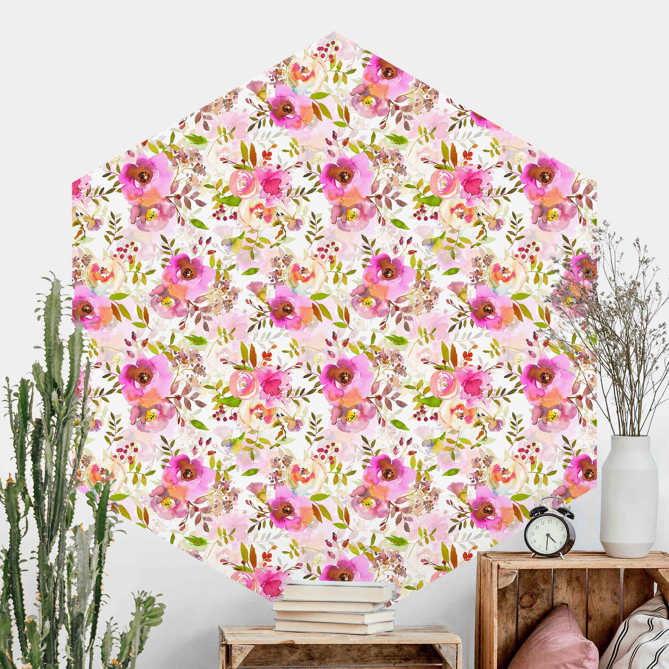 Hexagon Mustertapete Pinke Aquarell Blumen