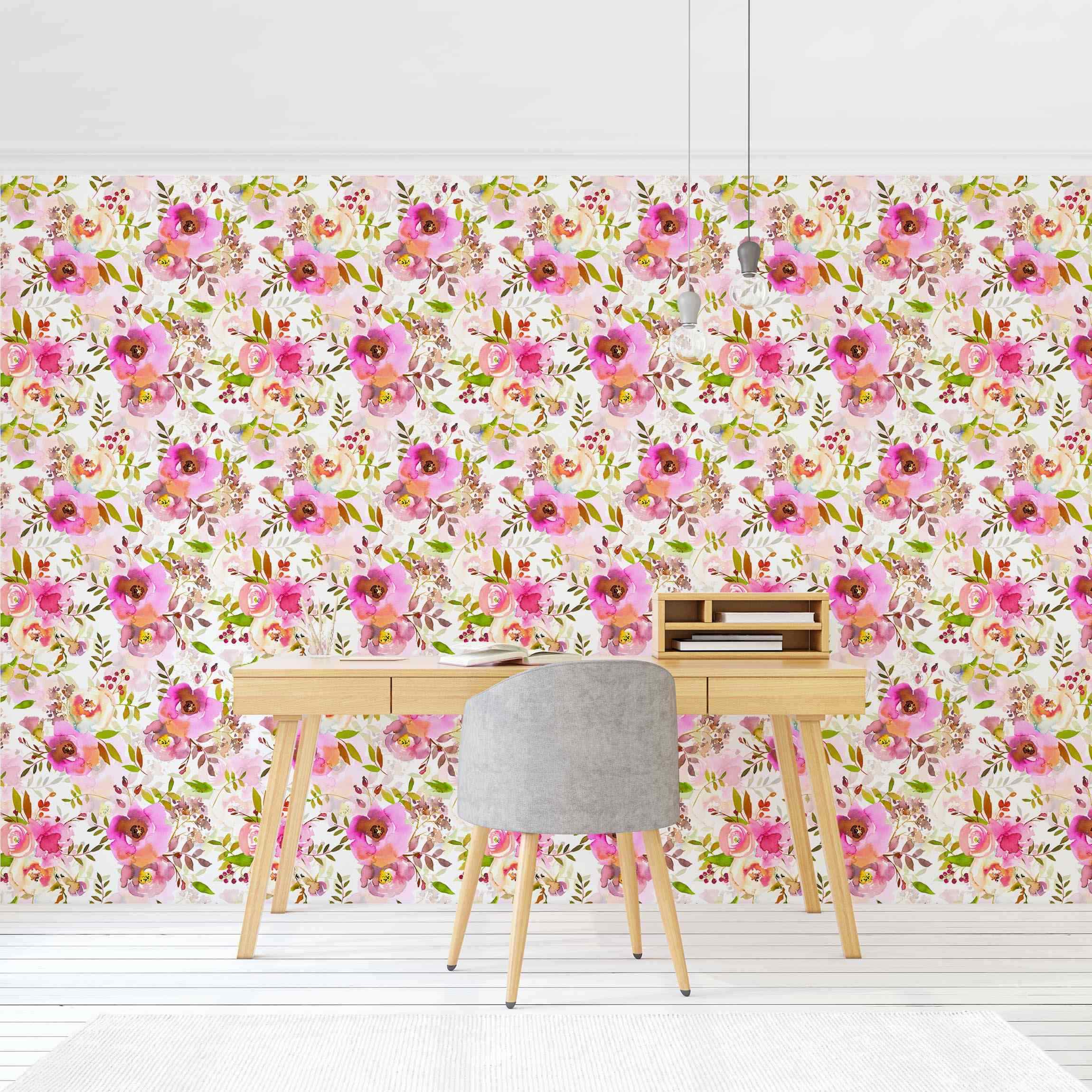 Mustertapete Pinke Aquarell Blumen