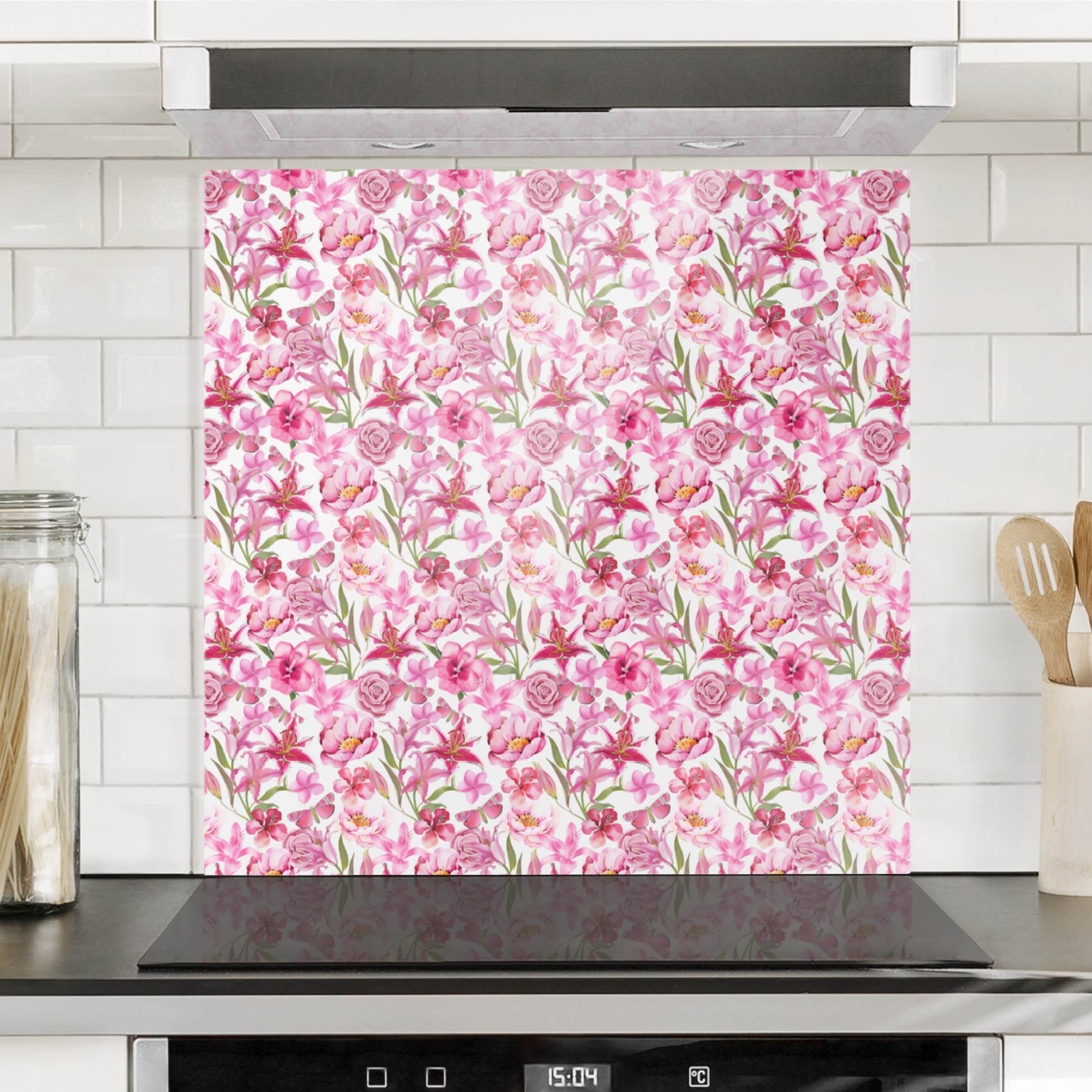 Spritzschutz Pinke Blumen mit Schmetterlingen