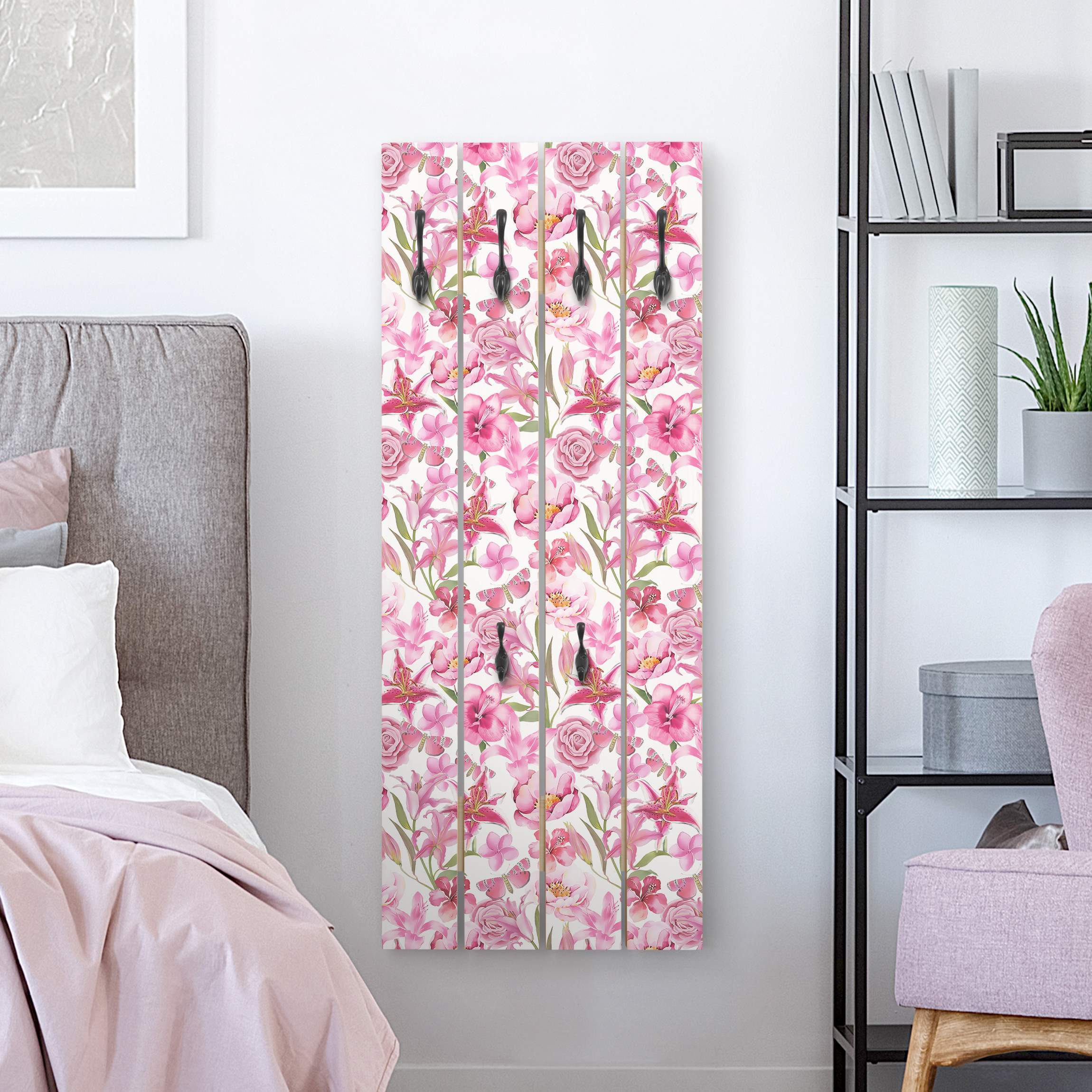 Wandgarderobe Pinke Blumen mit Schmetterlingen