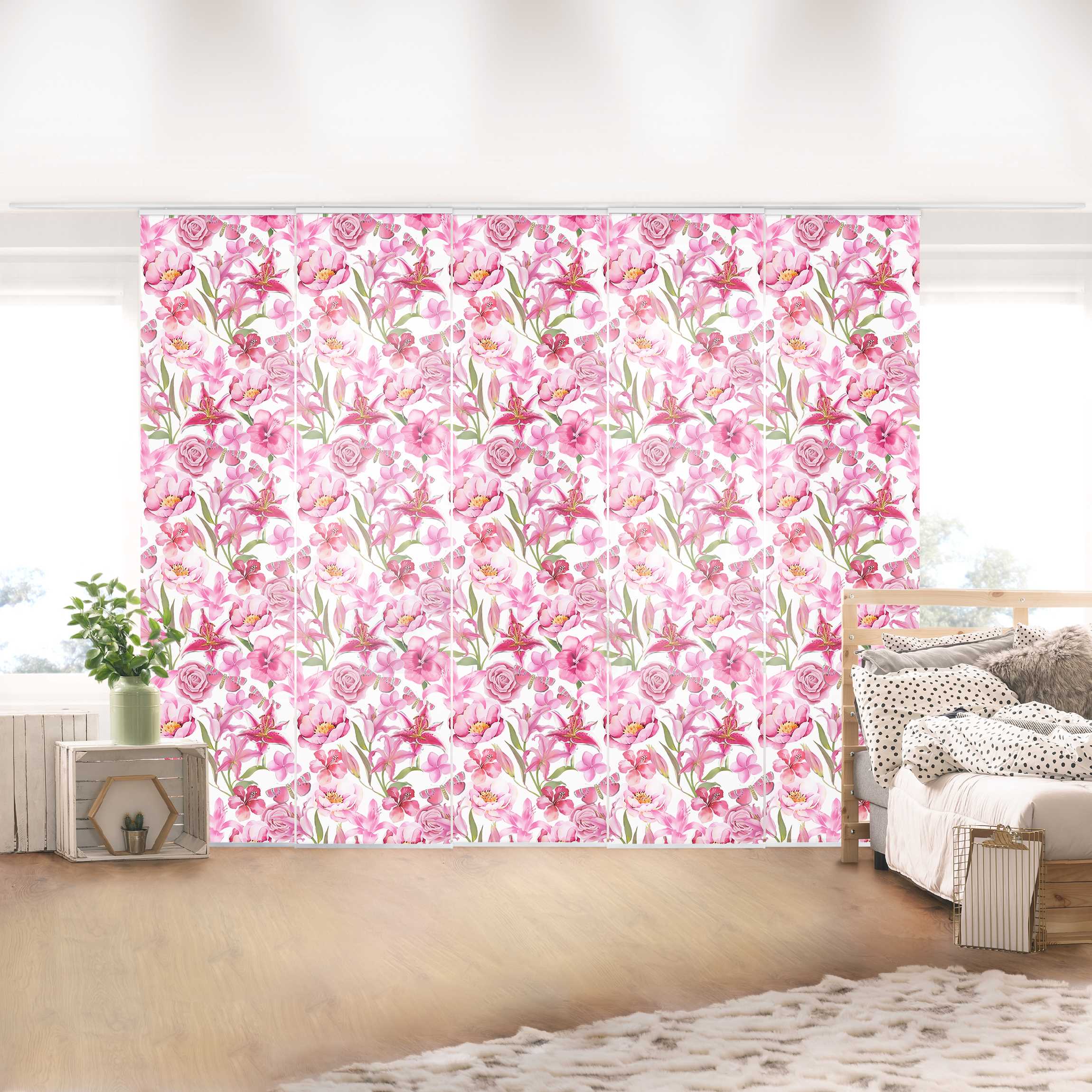 Schiebegardine Pinke Blumen mit Schmetterlingen