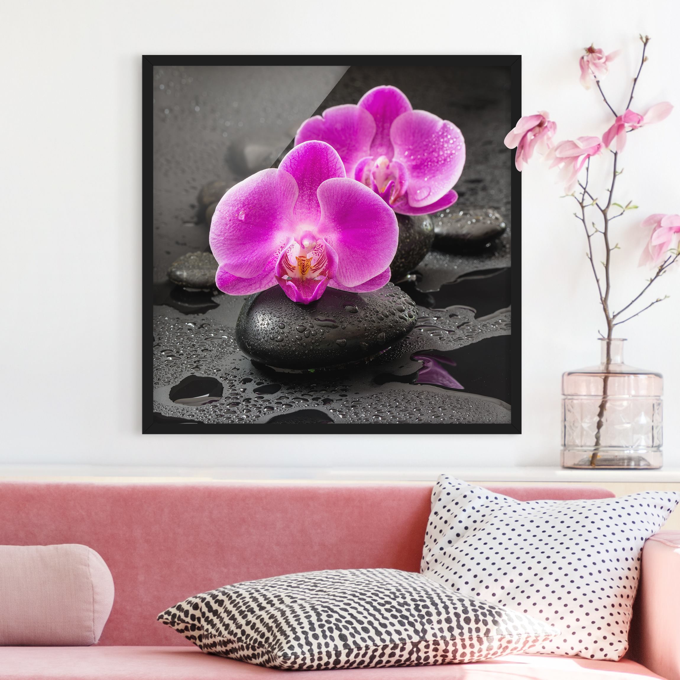 Bild mit Rahmen Pinke Orchideenblüten auf Steinen mit Tropfen