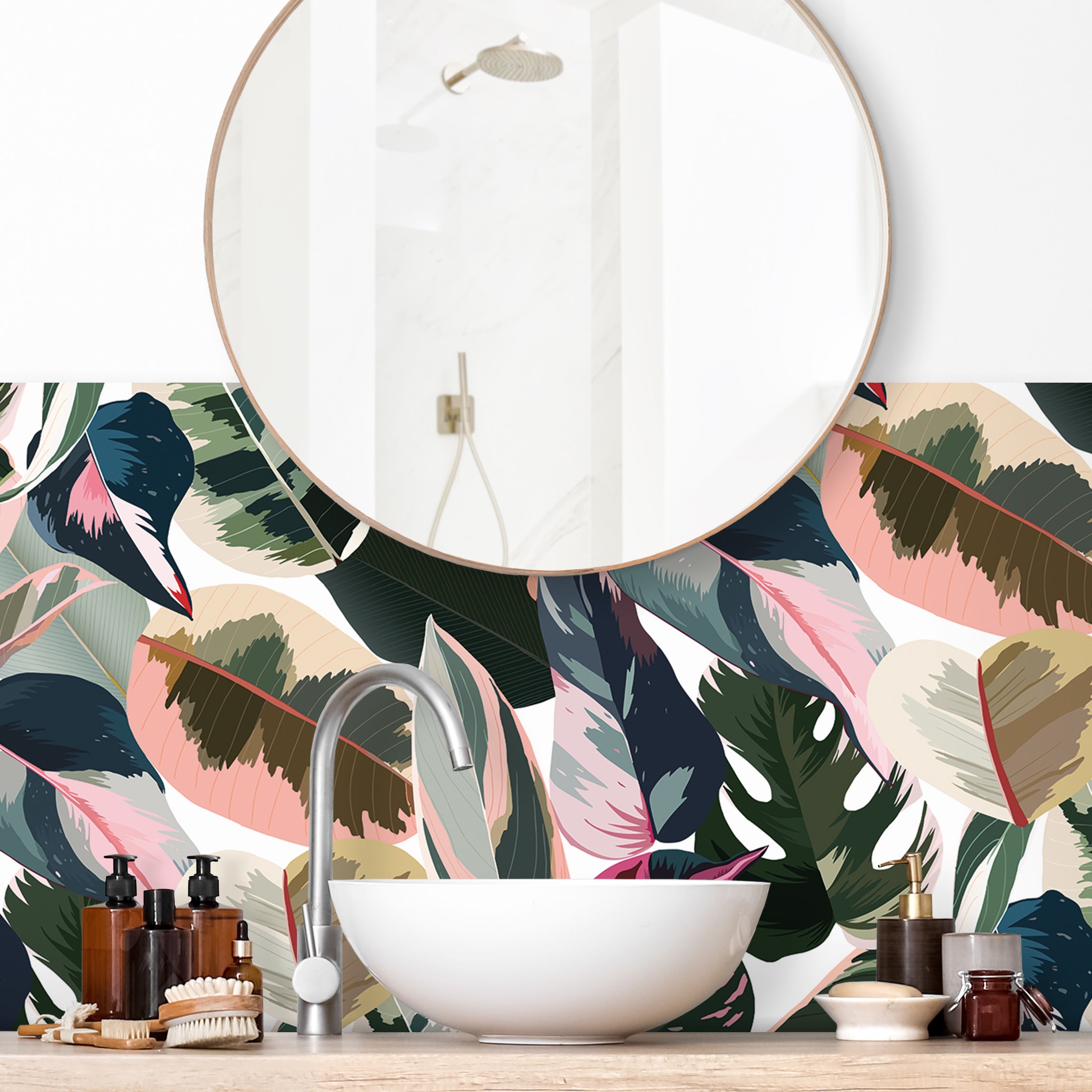 Wandverkleidung Bad Pinke Tropen Muster XXL II