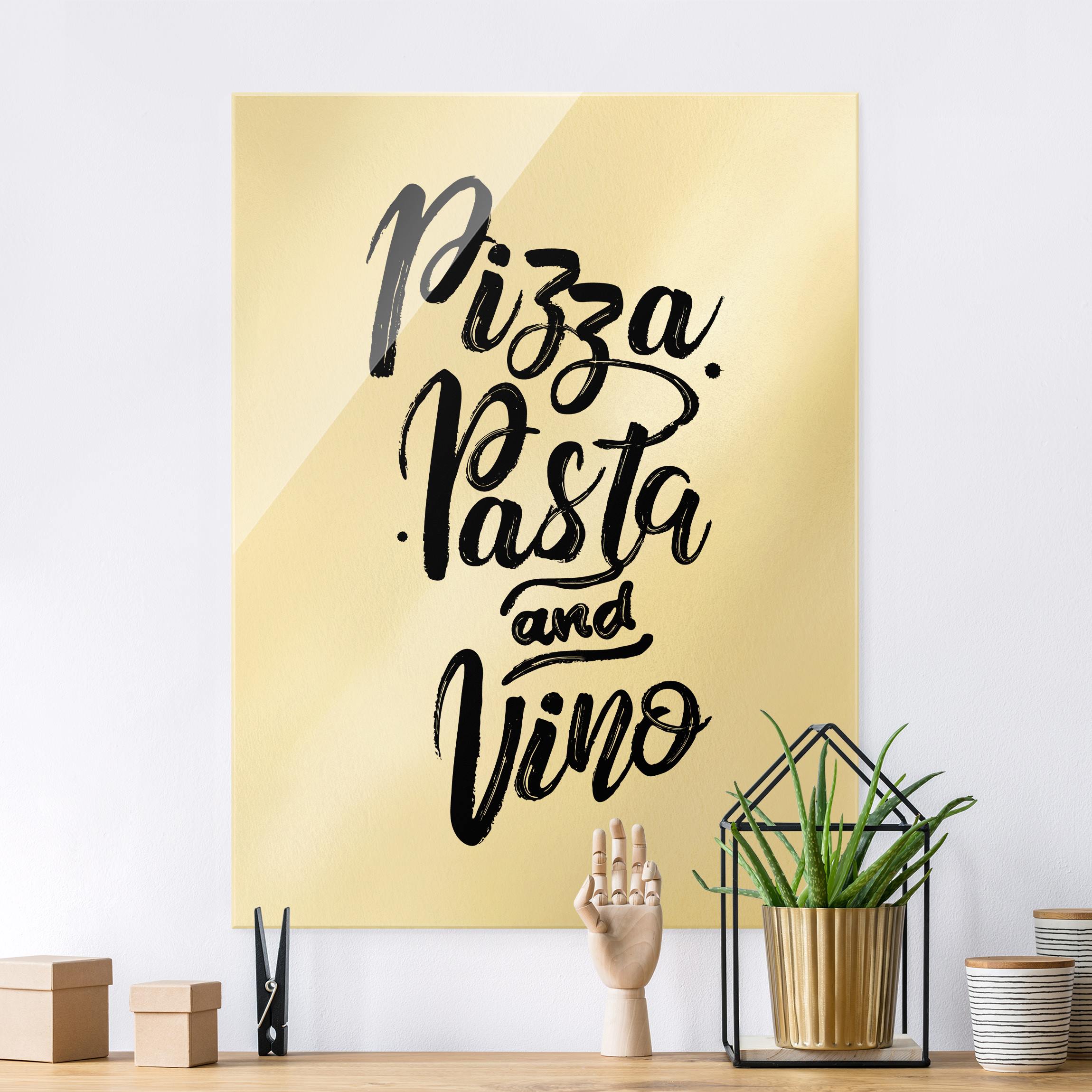 Glasbild Pizza Pasta und Vino