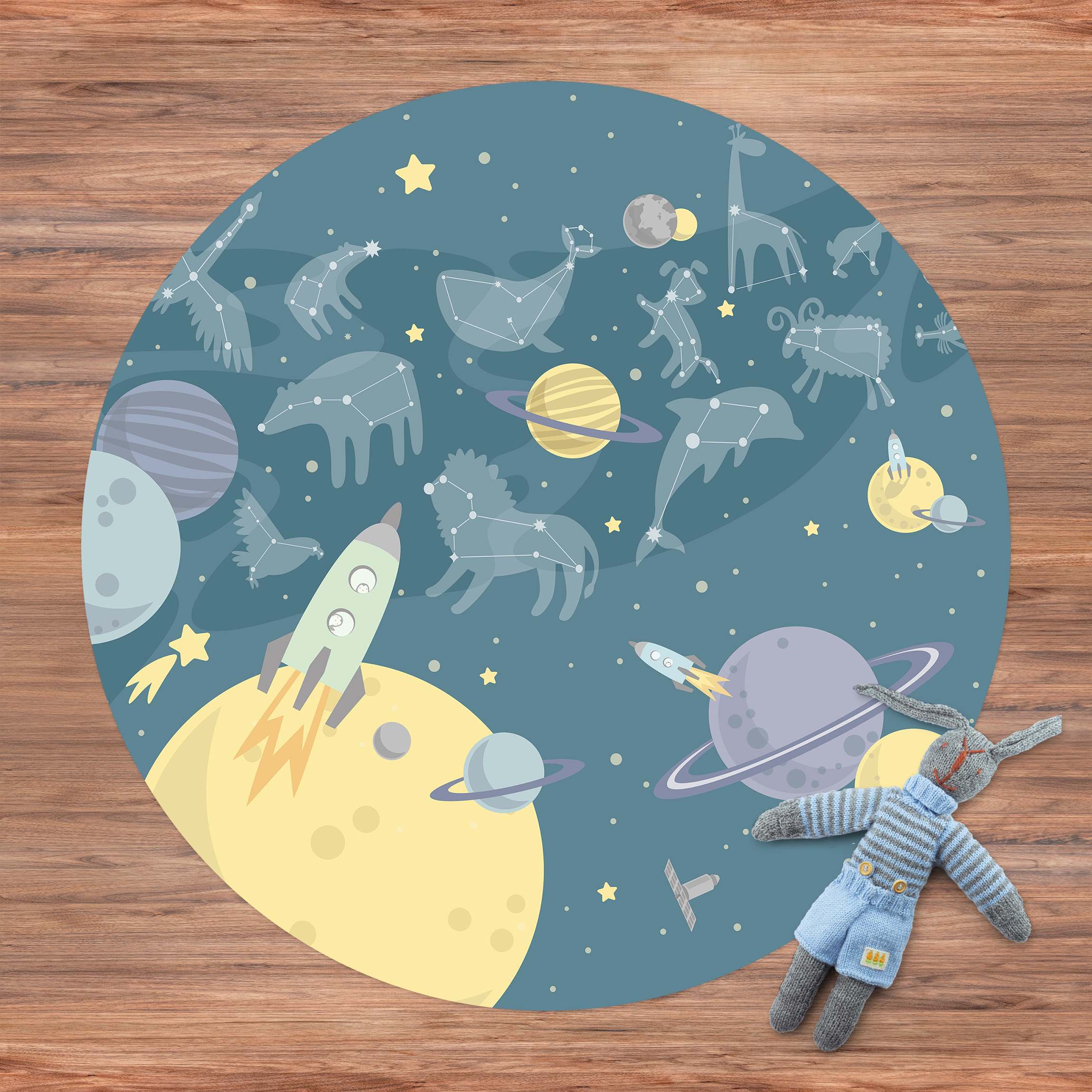 Runder Vinyl-Teppich Planeten mit Sternzeichen und Raketen