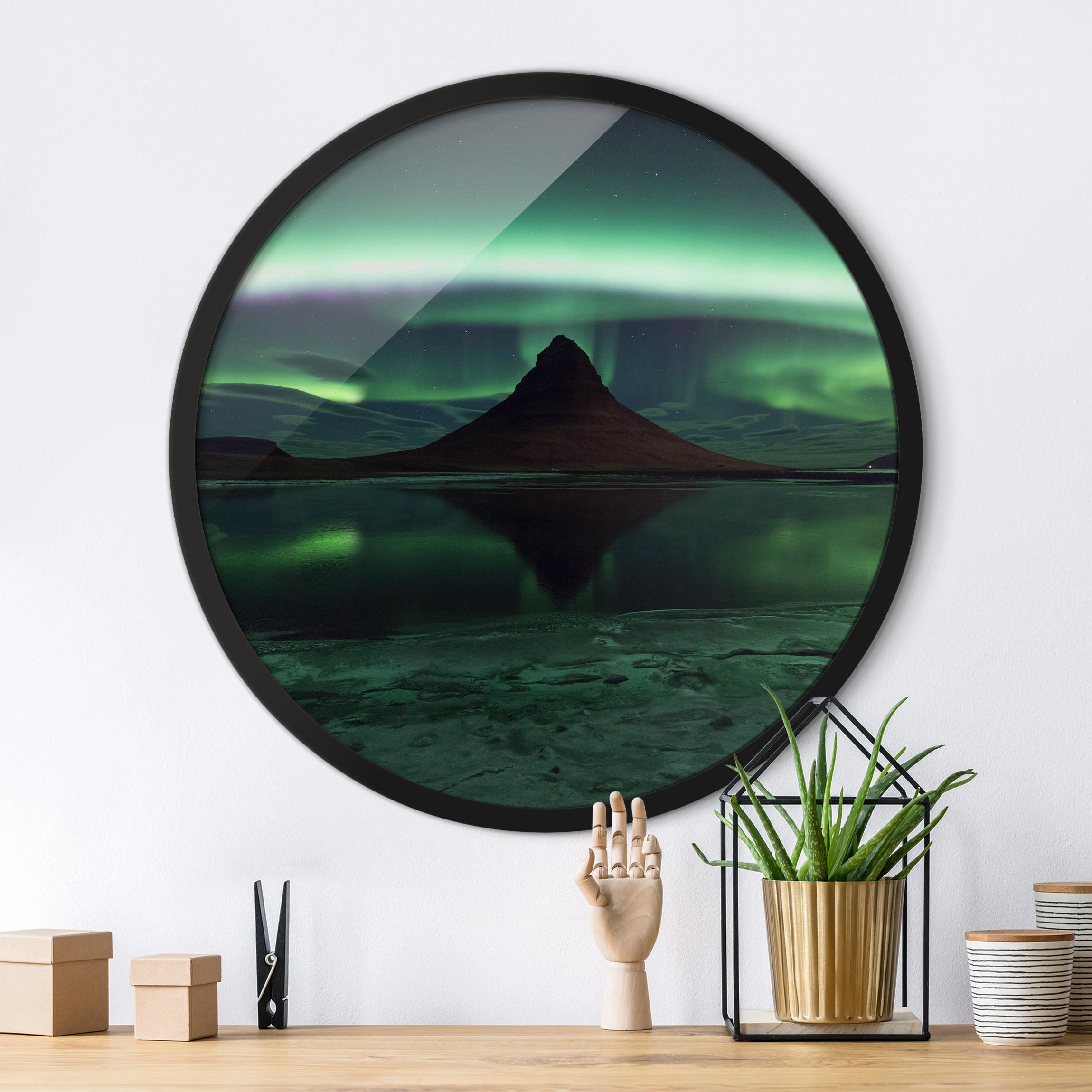 Rundes Bild mit Rahmen Polarlicht in Island