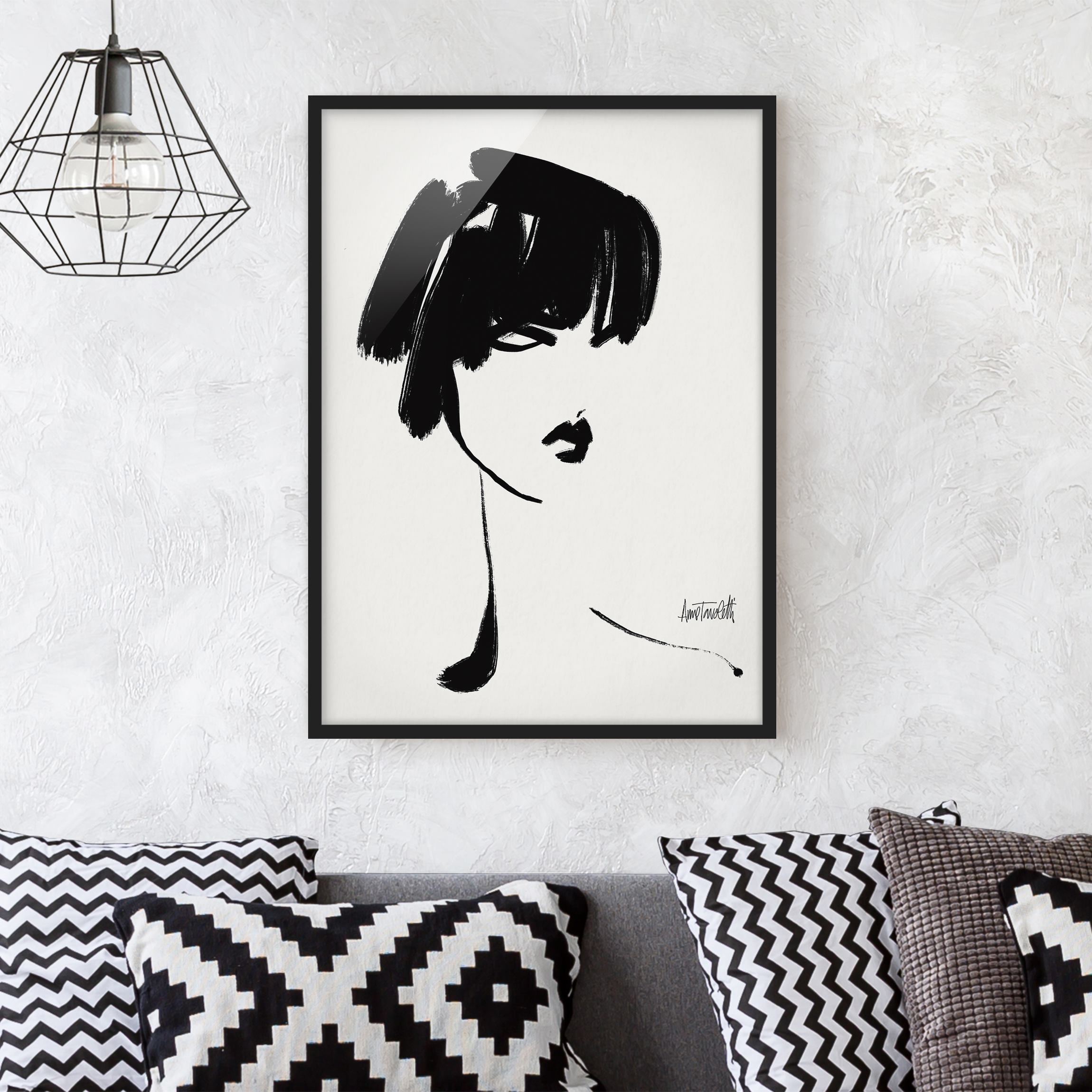Bild mit Rahmen Portrait mit schwarzem Pinsel