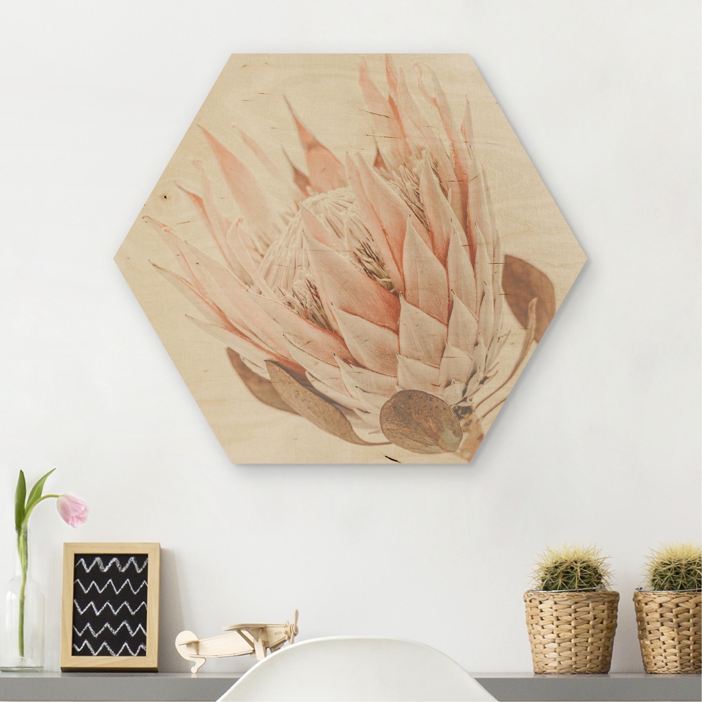 Hexagon-Holzbild Protea Königin der Blüten