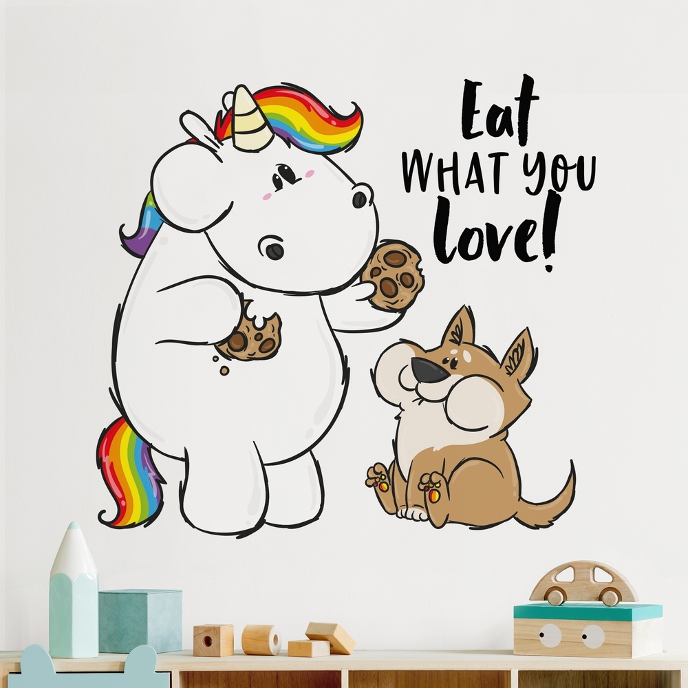 Wandtattoo Pummeleinhorn - Hund Bisu mit Keksen