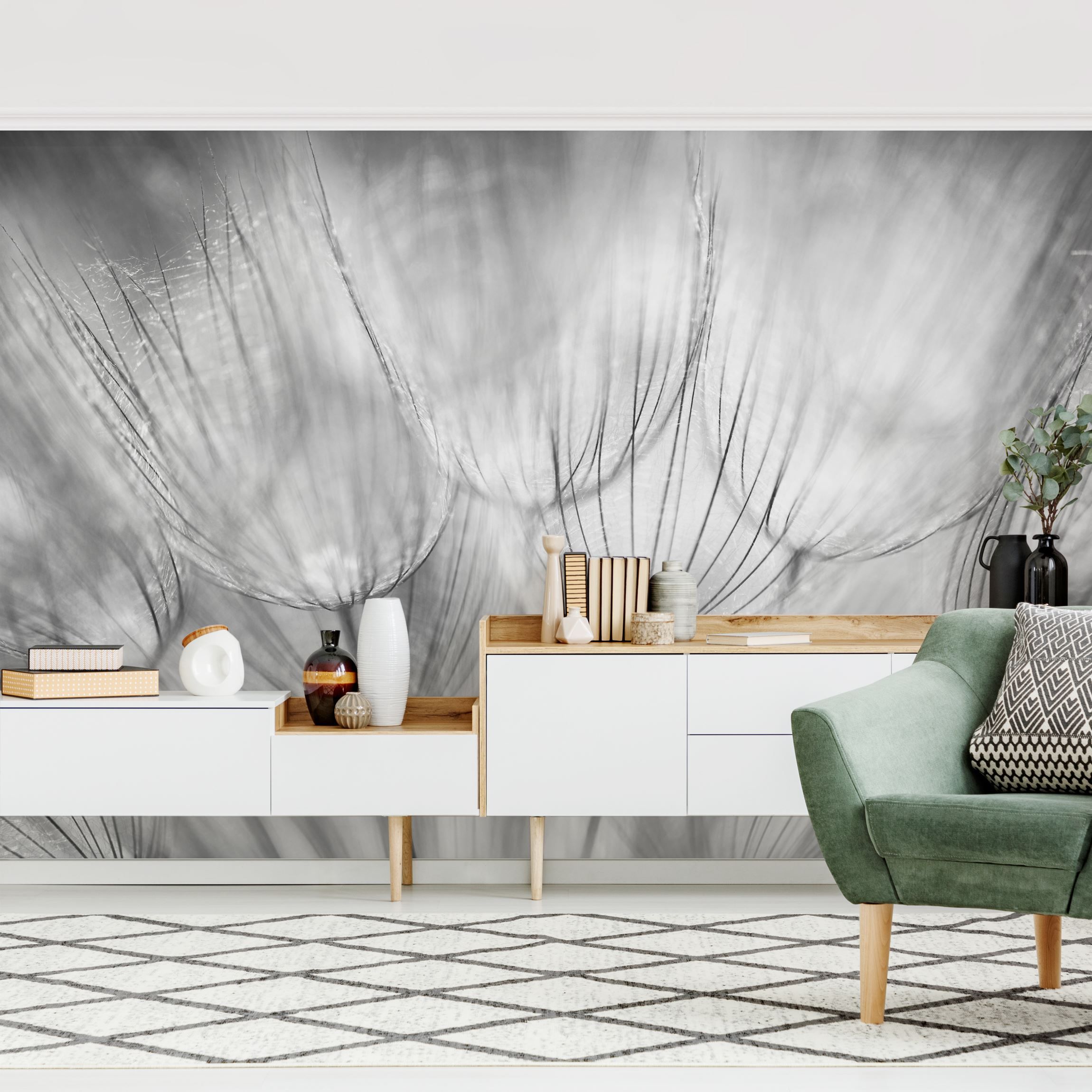 Fototapete Blumen Pusteblumen Makroaufnahme in schwarz weiß