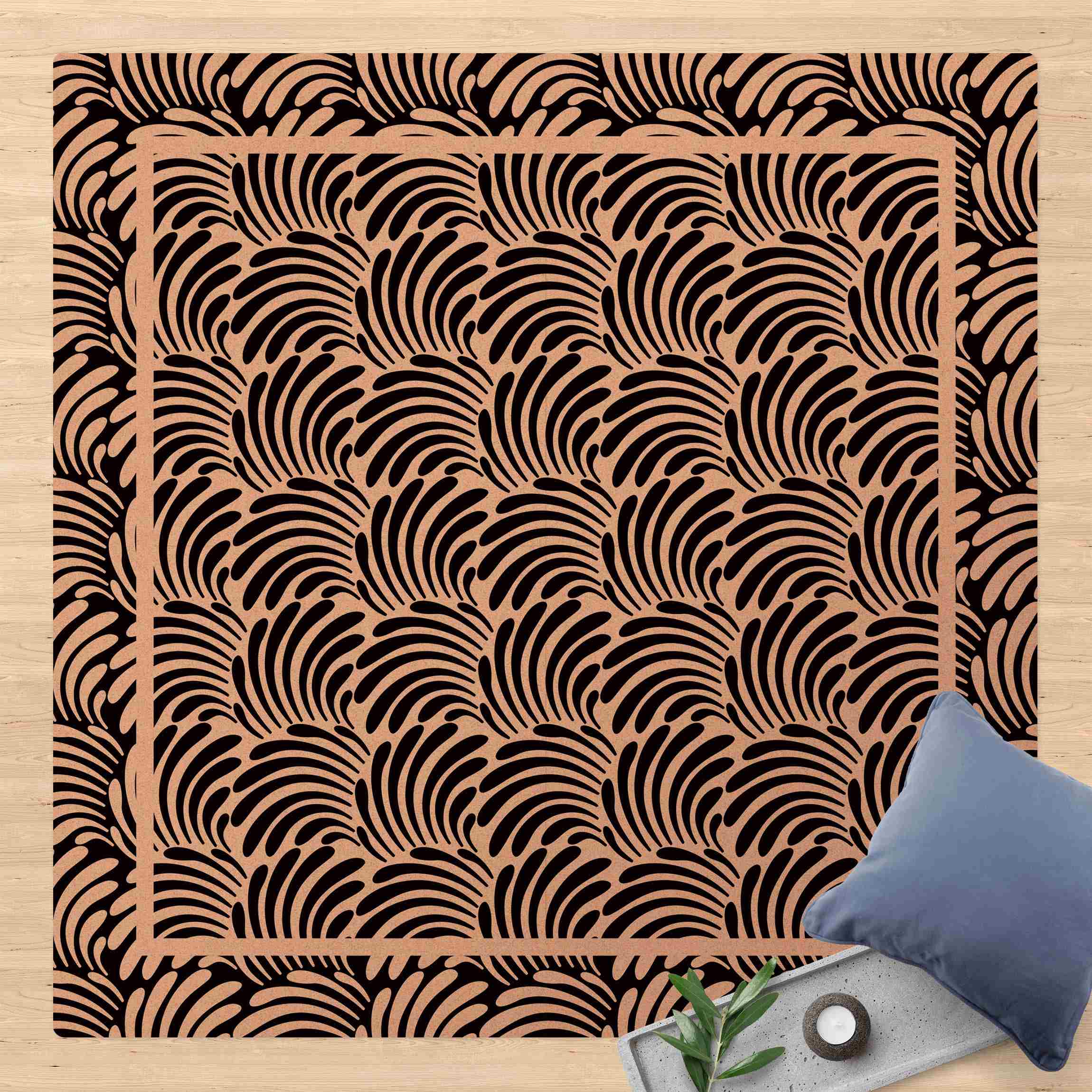 Kork-Teppich Quadratische Blätterornamente Schwarz Weiß mit Rahmen