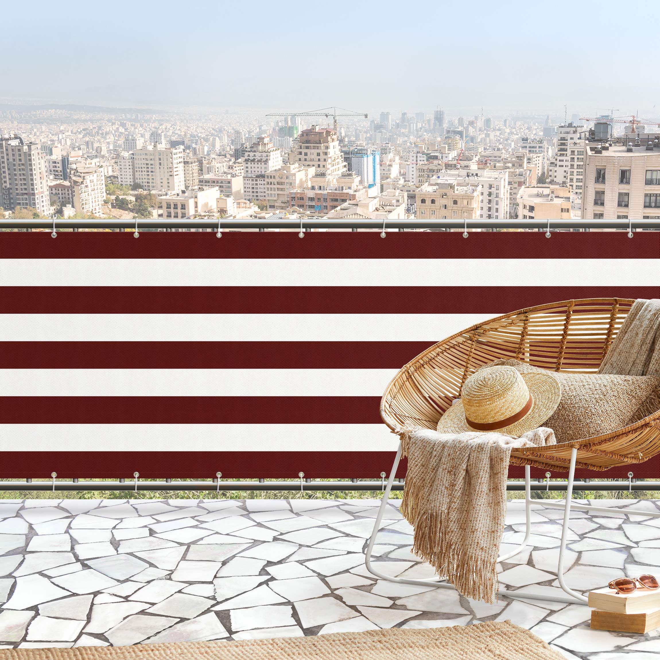 Balkon Sichtschutz Querstreifen in Dunkel Rot