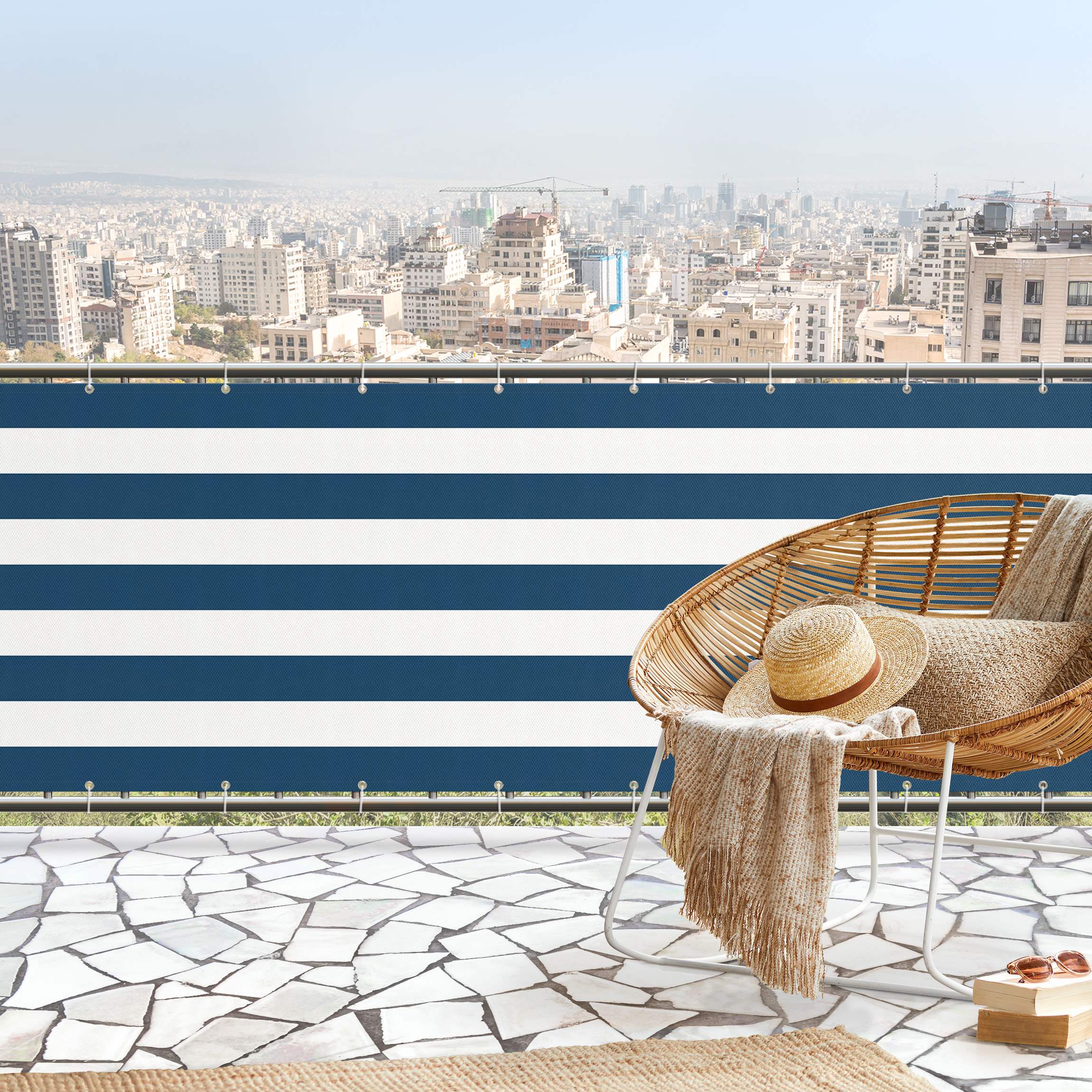 Balkon Sichtschutz Querstreifen in Ozeanblau