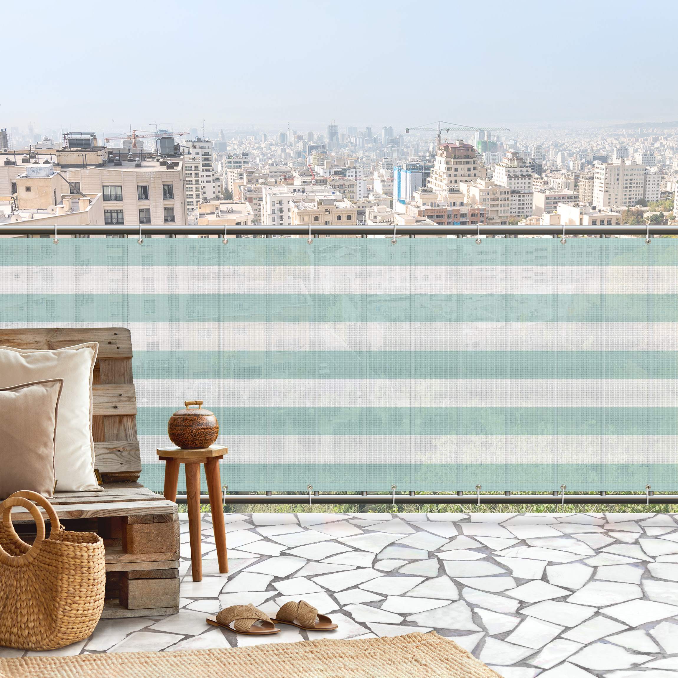 Balkon Sichtschutz Querstreifen in Pastell Mint