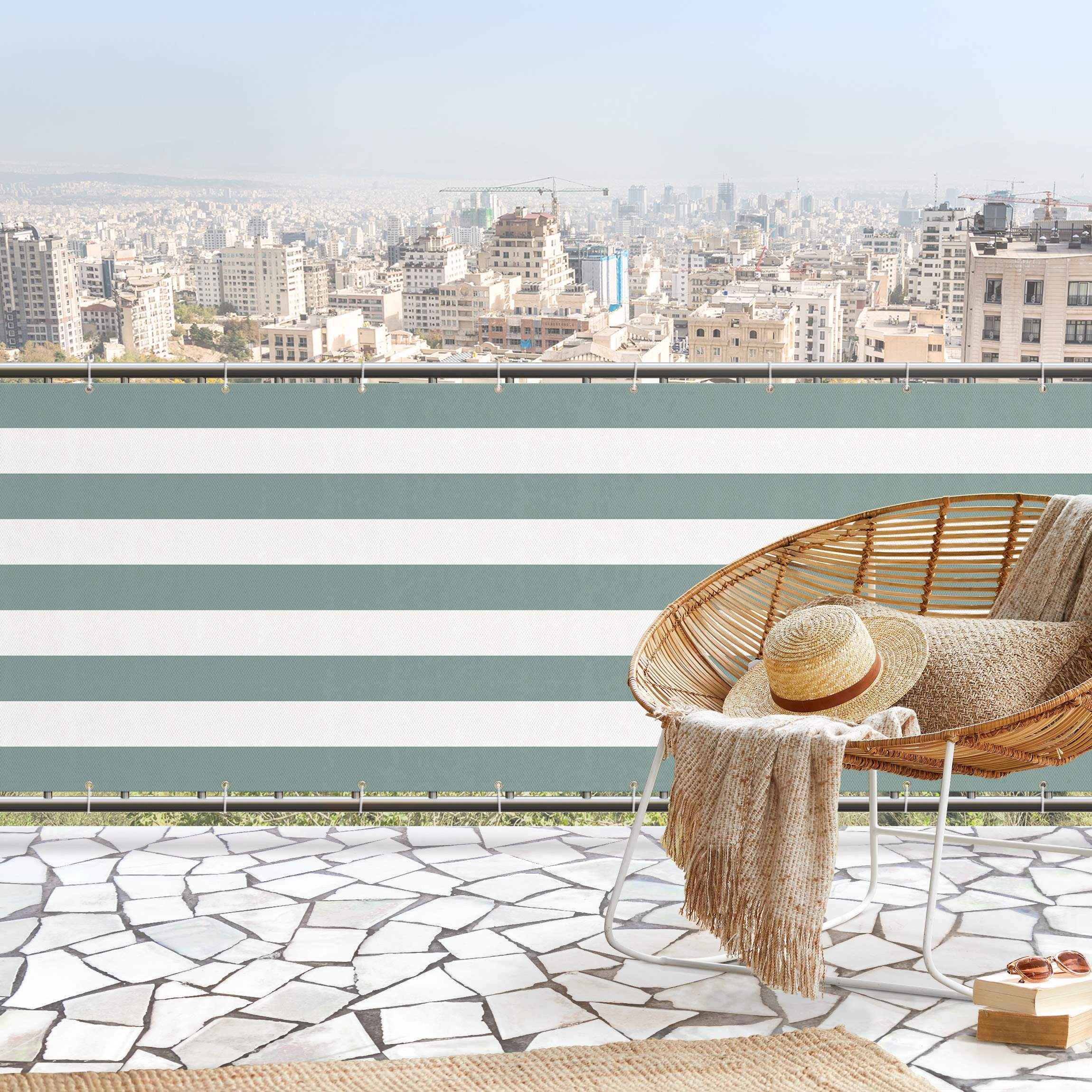 Balkon Sichtschutz Querstreifen in Pastell Petrol