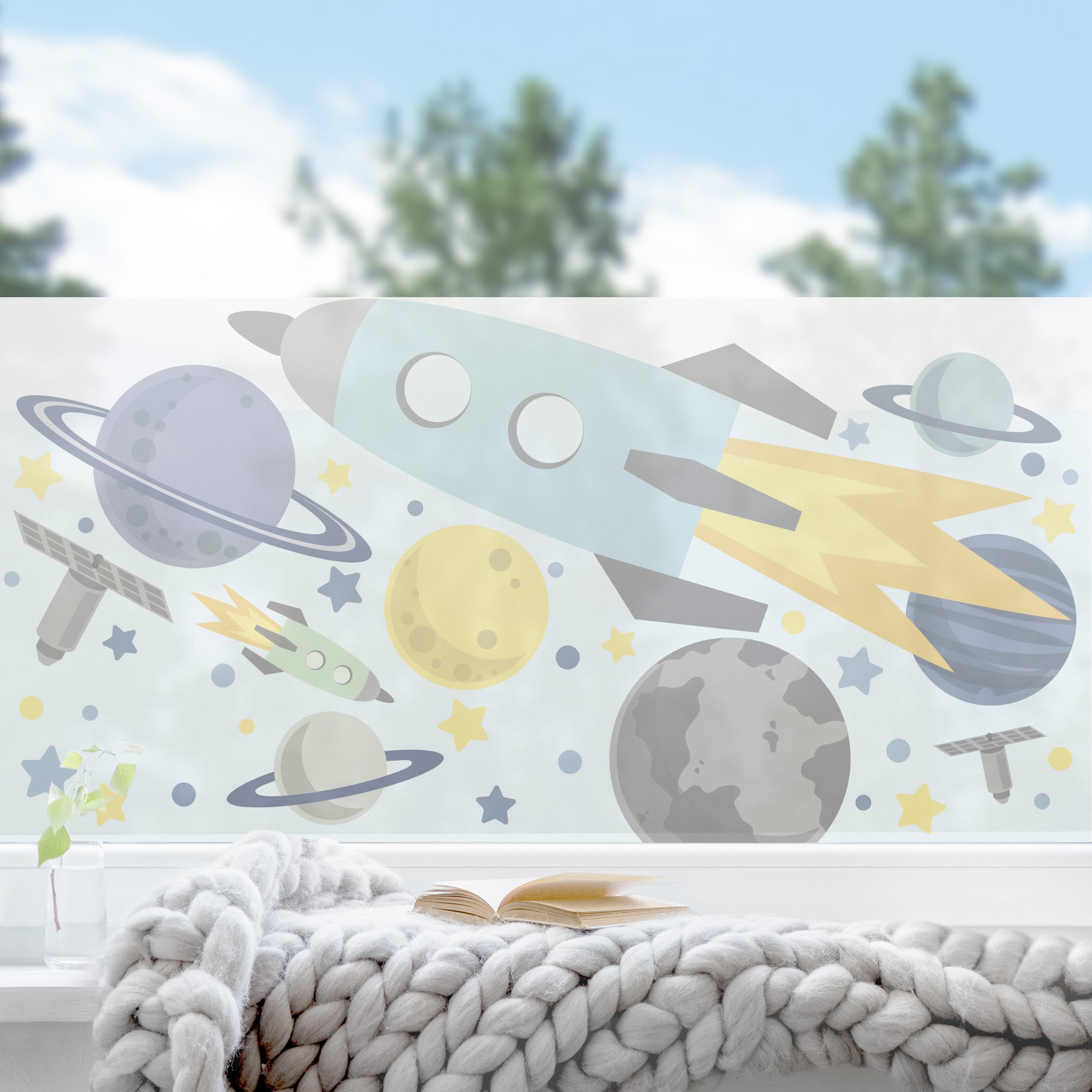 Fensterfolie Rakete und Planeten