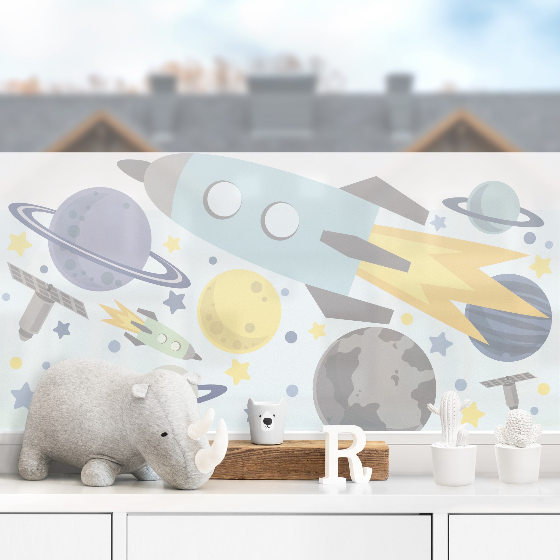 Fensterfolie Rakete und Planeten