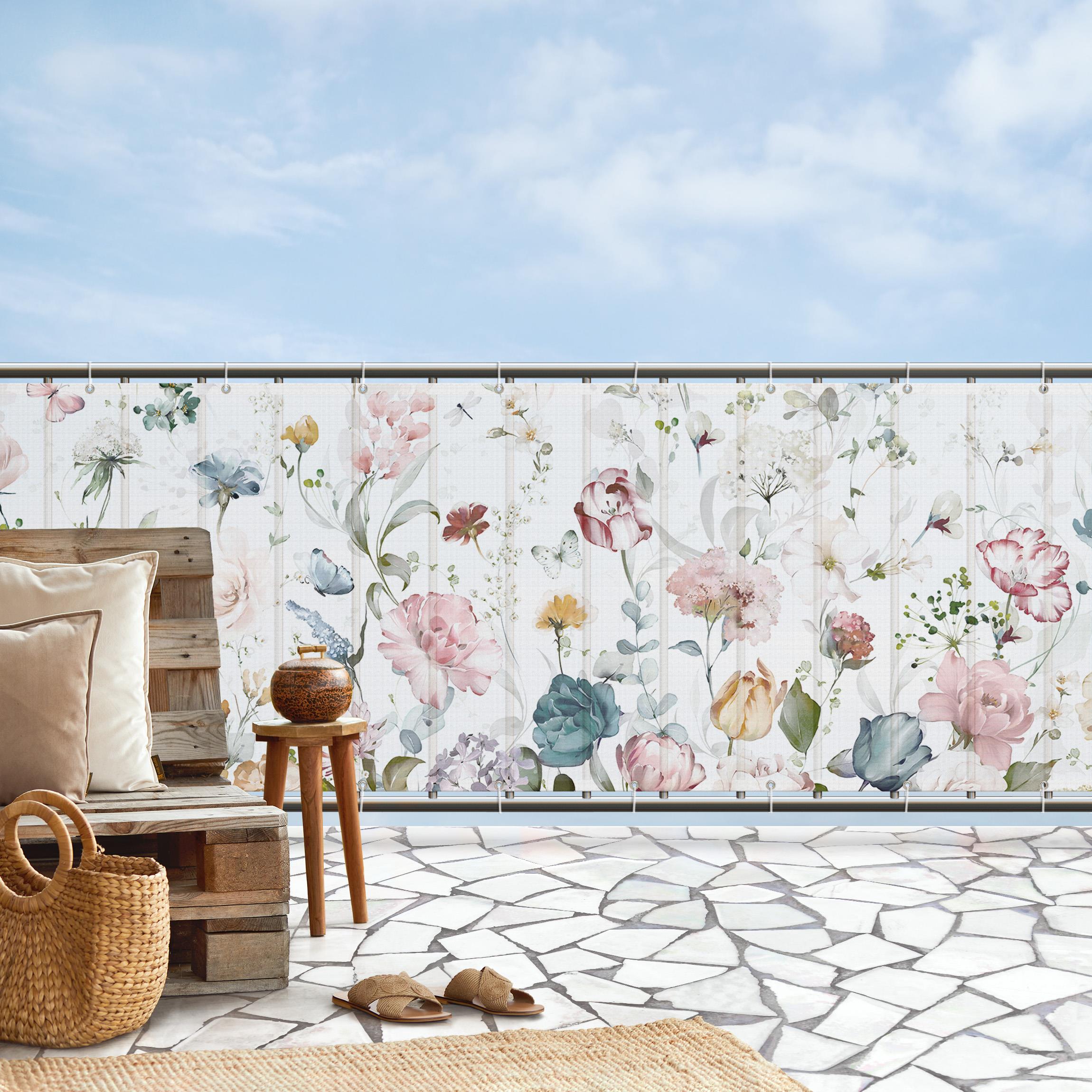 Balkon Sichtschutz Rankende Blumen mit Schmetterlingen Aquarell