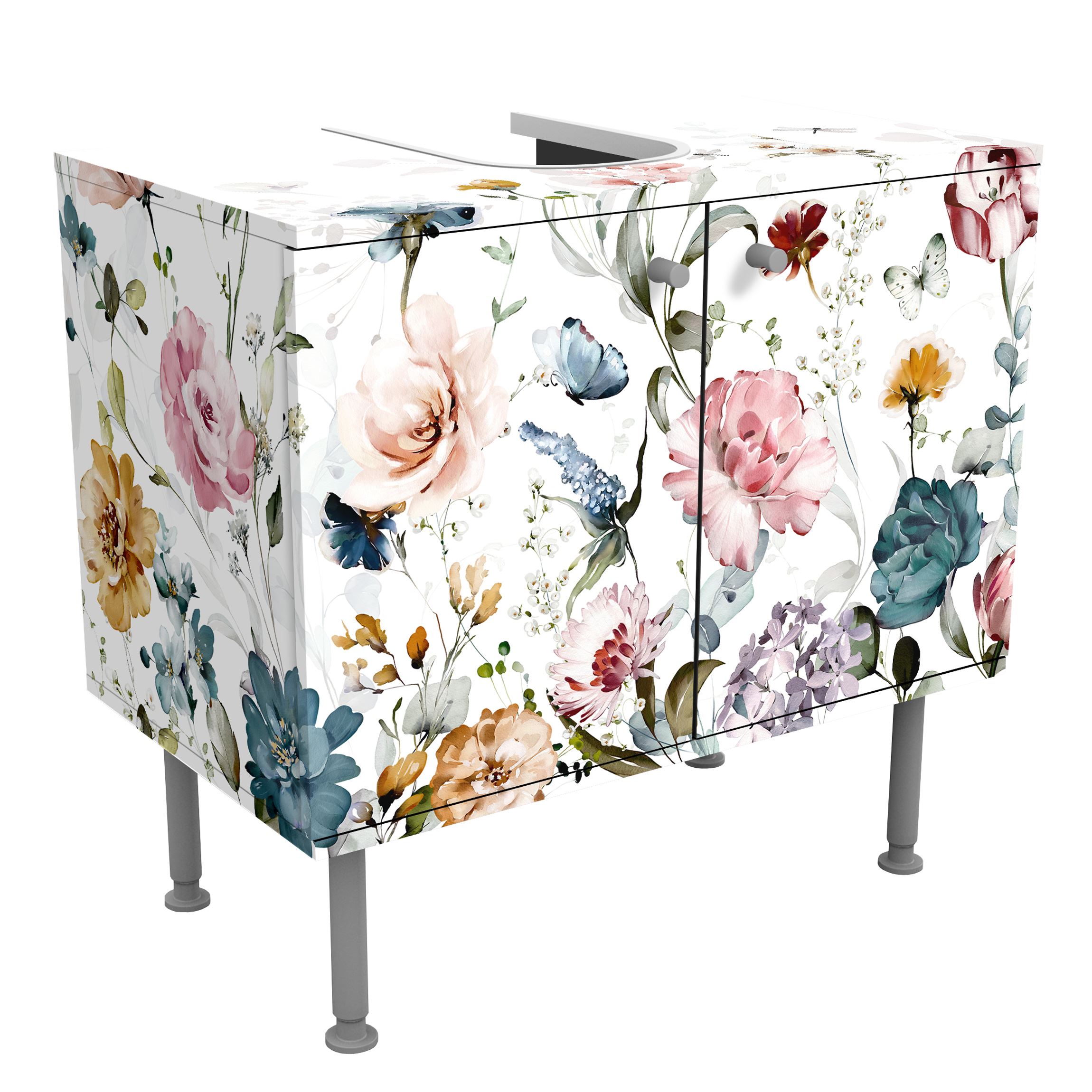Waschbeckenunterschrank Rankende Blumen mit Schmetterlingen Aquarell