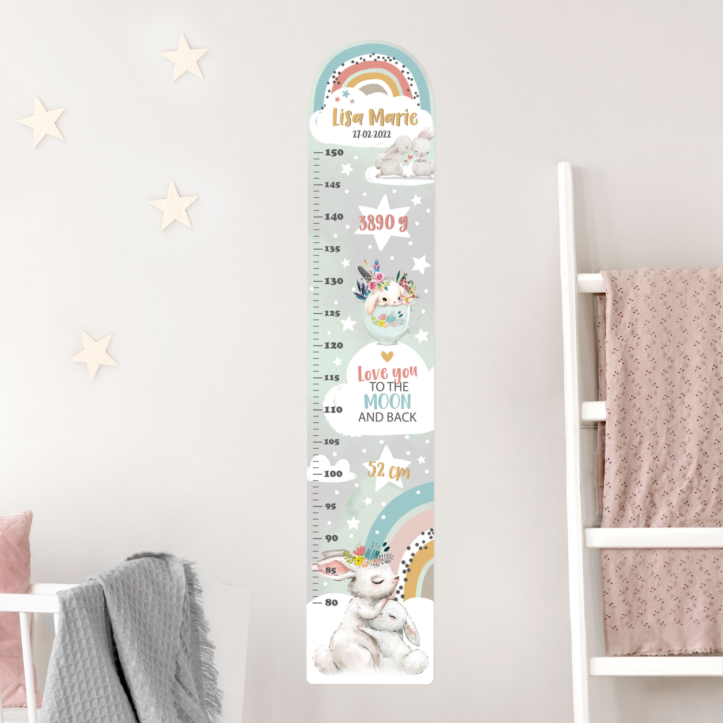 Kindermesslatte Wandtattoo Regenbogen Hasen bis zum Mond mit Wunschname