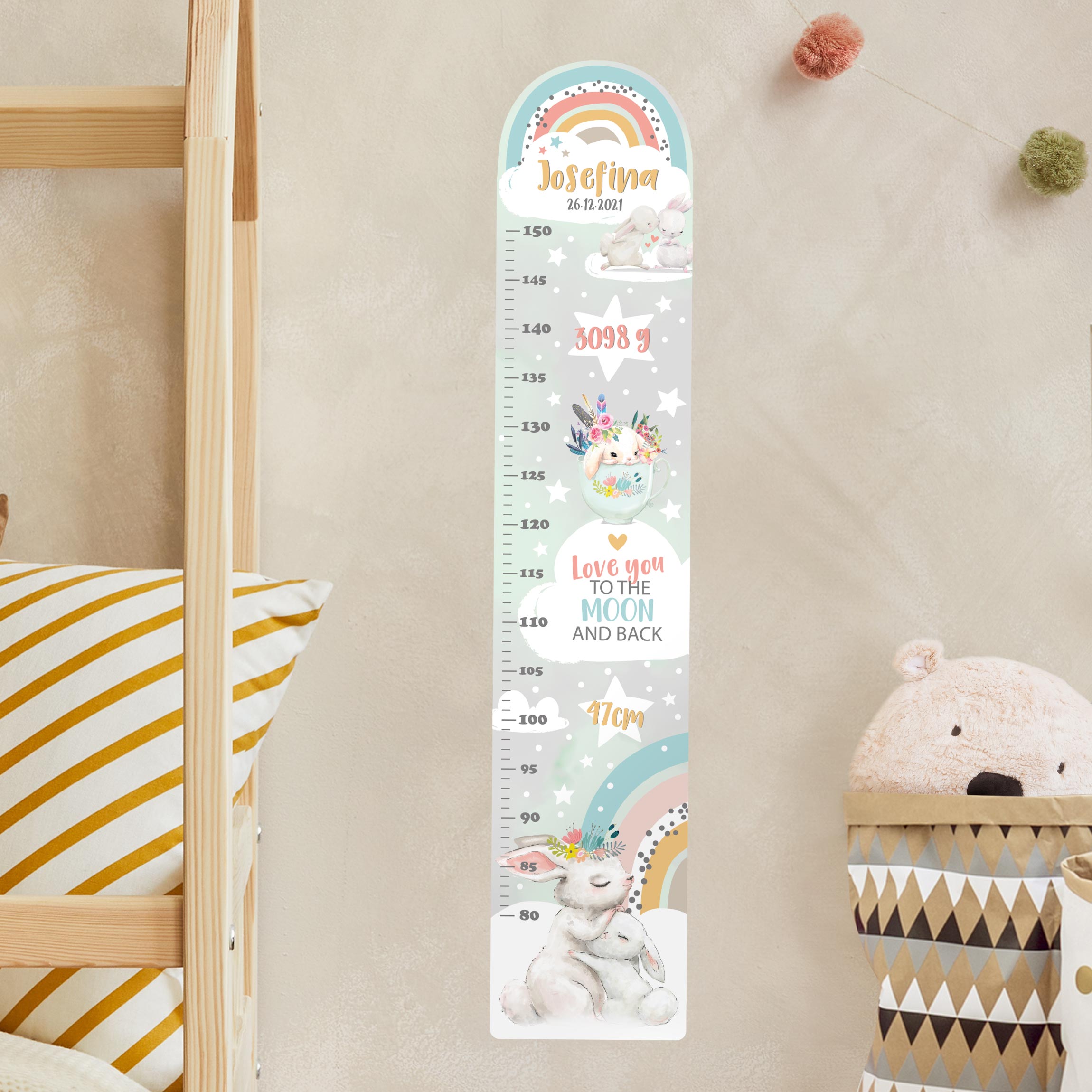 Kindermesslatte Wandtattoo Regenbogen Hasen bis zum Mond mit Wunschname