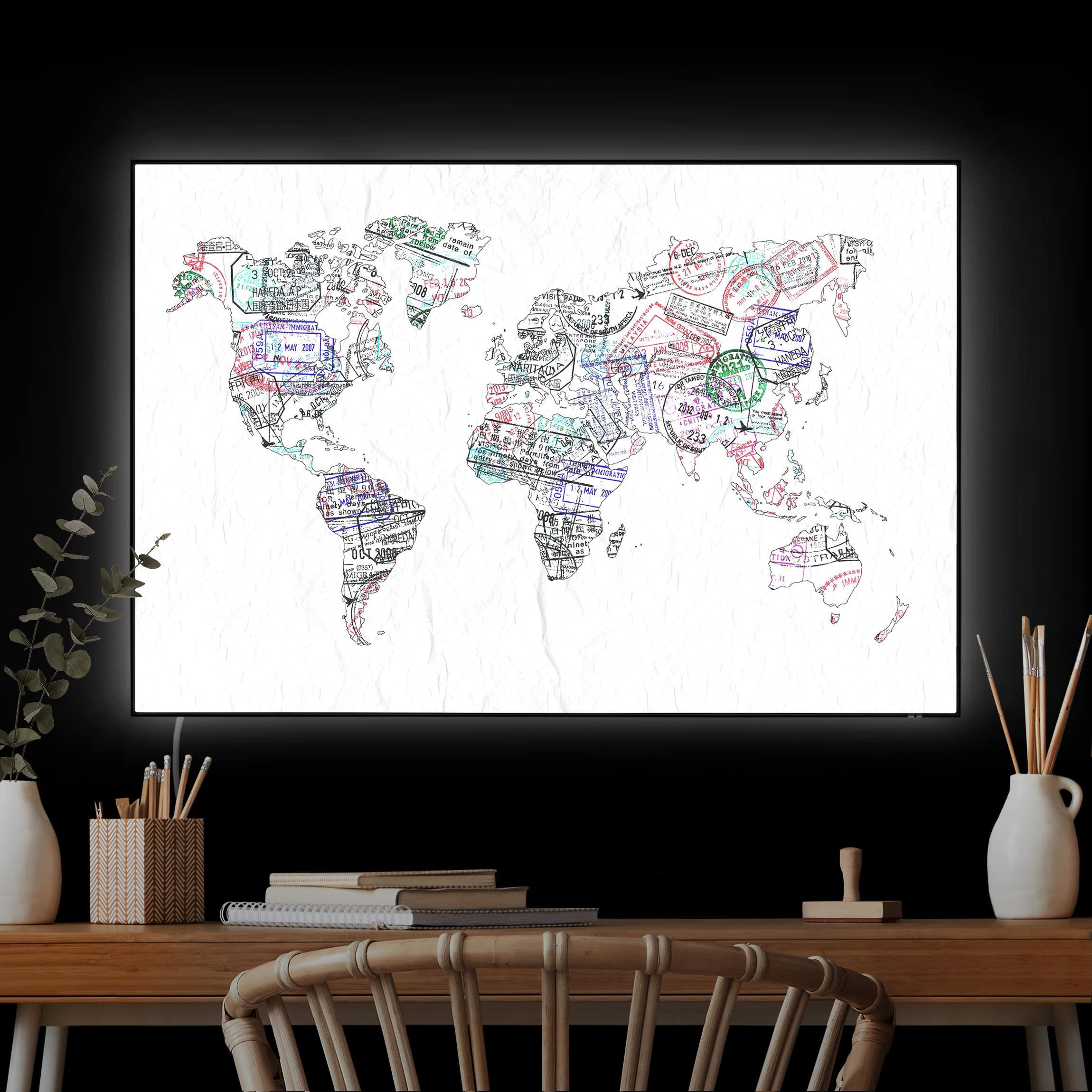 LED-Wechselbild Reisepass Stempel Weltkarte