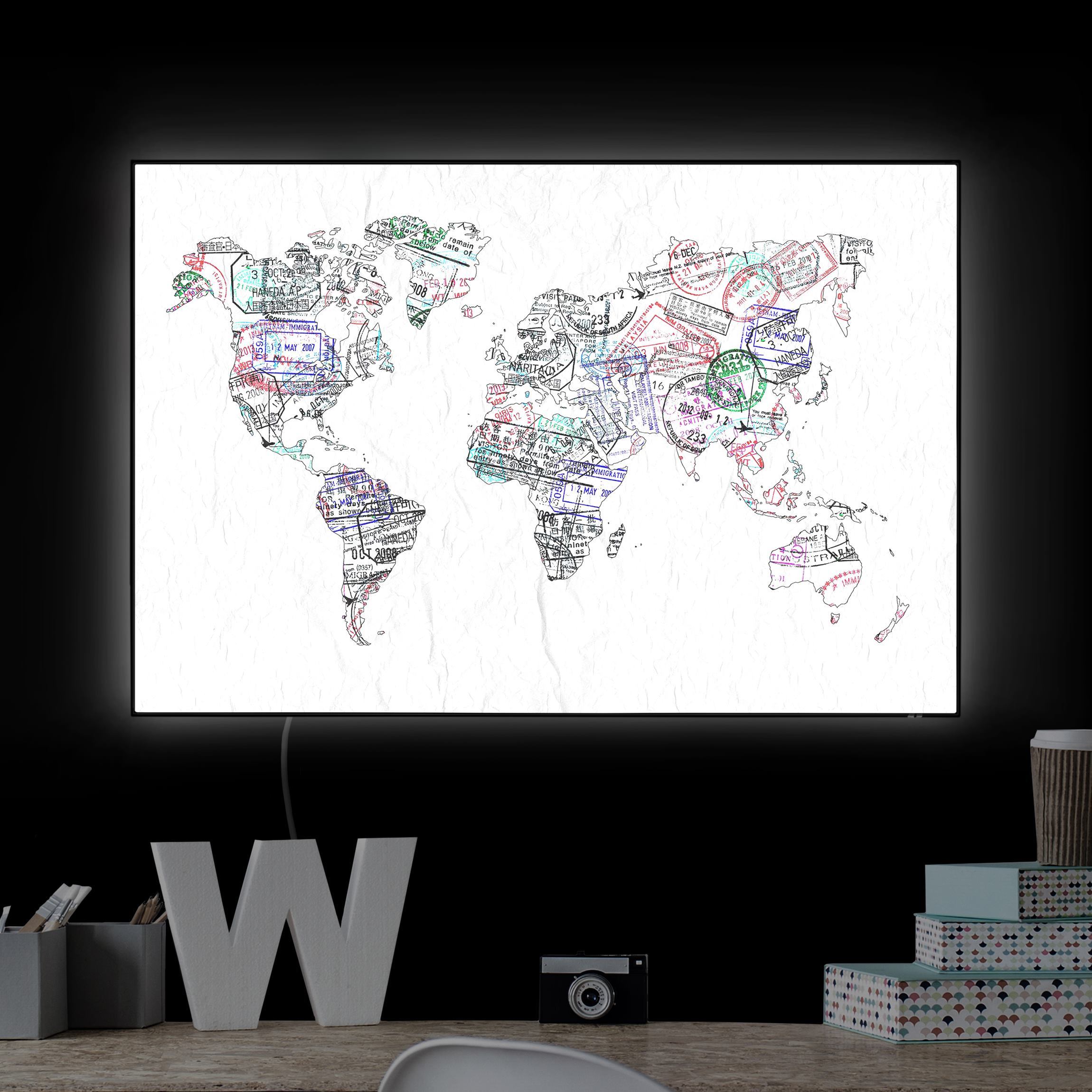 LED-Wechselbild Reisepass Stempel Weltkarte