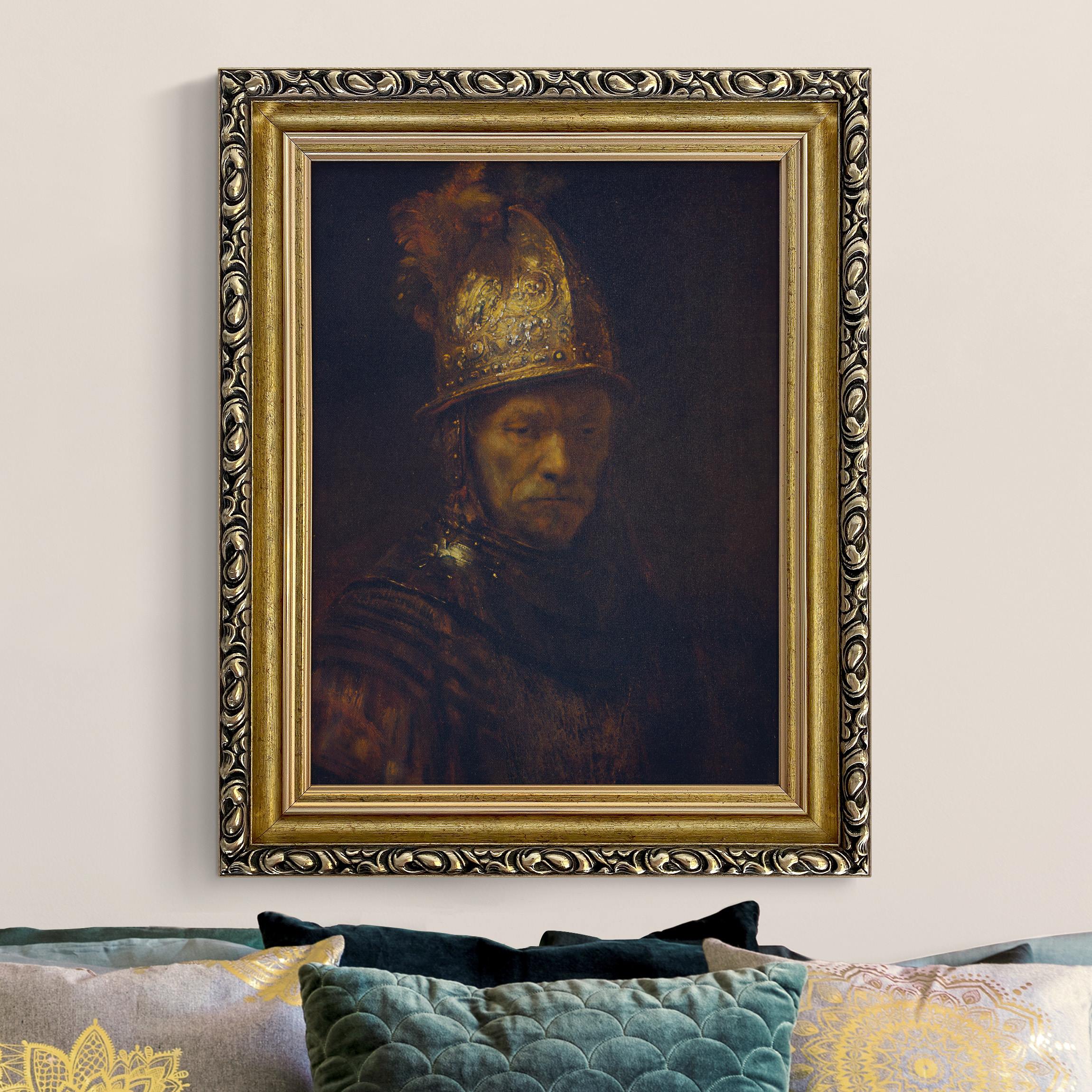 Leinwandbild mit Barockrahmen Rembrandt - Der Mann mit dem Goldhelm