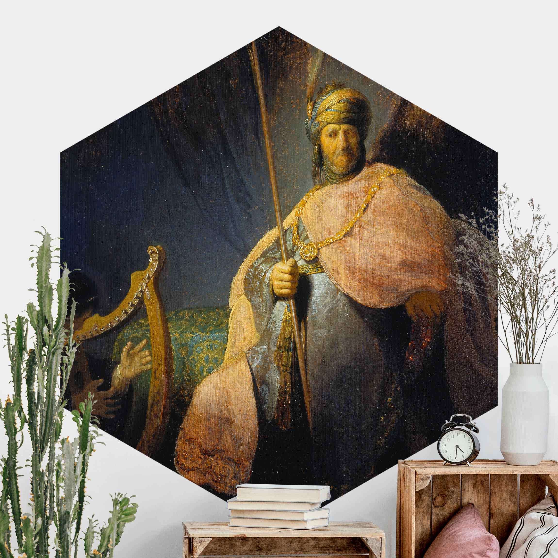 Hexagon Fototapete selbstklebend Rembrandt van Rijn - David spielt Harfe