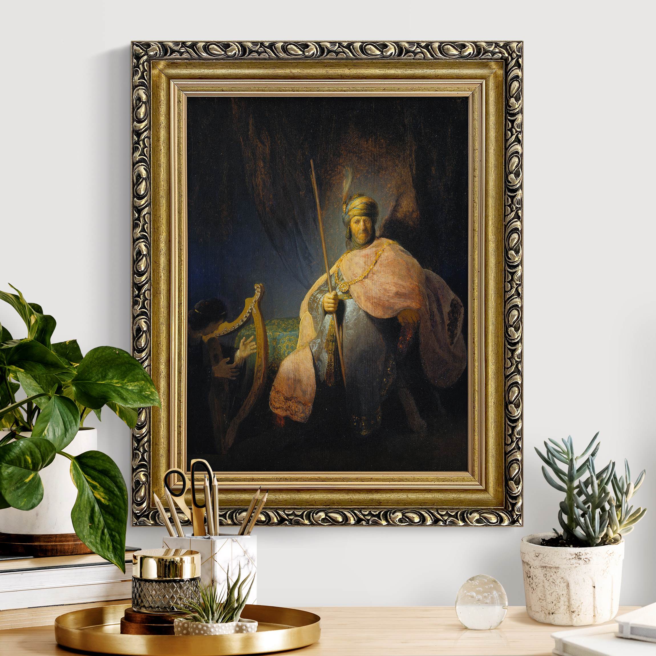 Leinwandbild mit Barockrahmen Rembrandt van Rijn - David spielt Harfe
