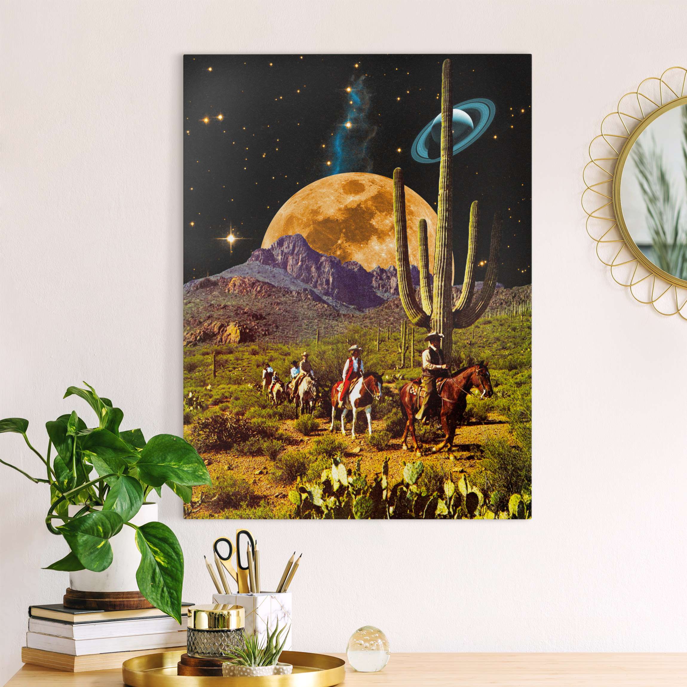 Leinwandbild Retro Collage - Weltraum Cowboys