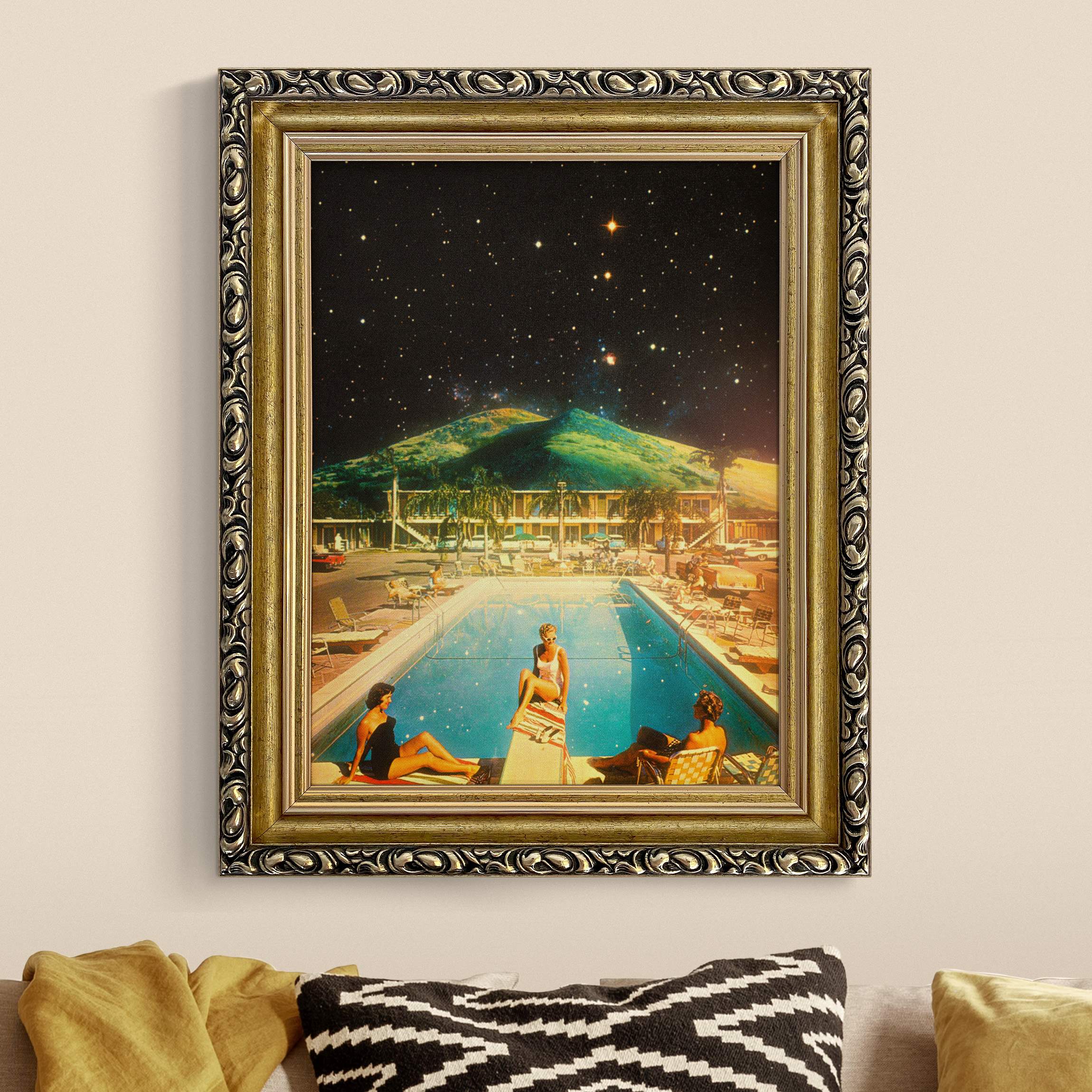 Leinwandbild in Barockrahmen Retro Collage - Weltraum Pool
