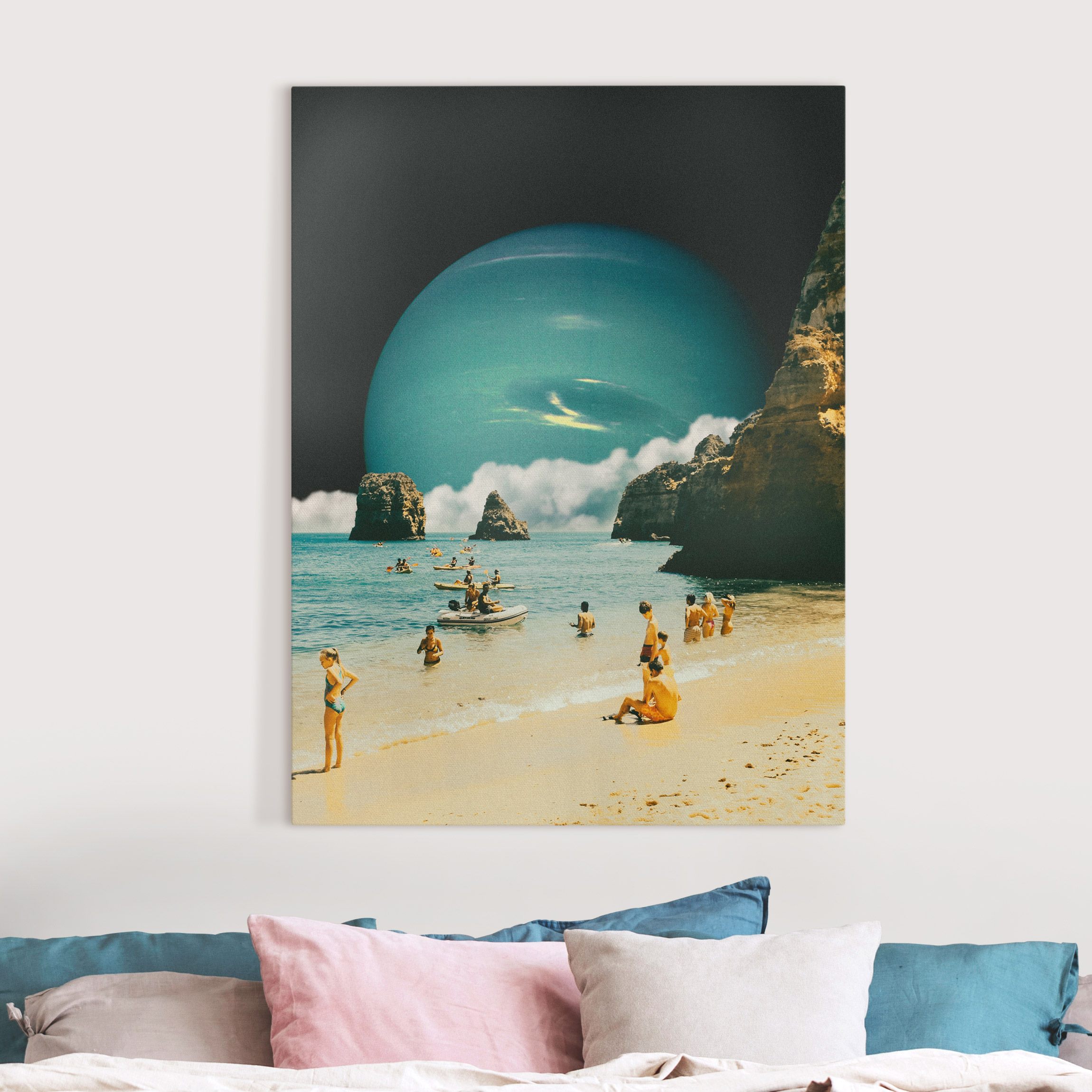 Leinwandbild Retro Collage - Weltraum Strand