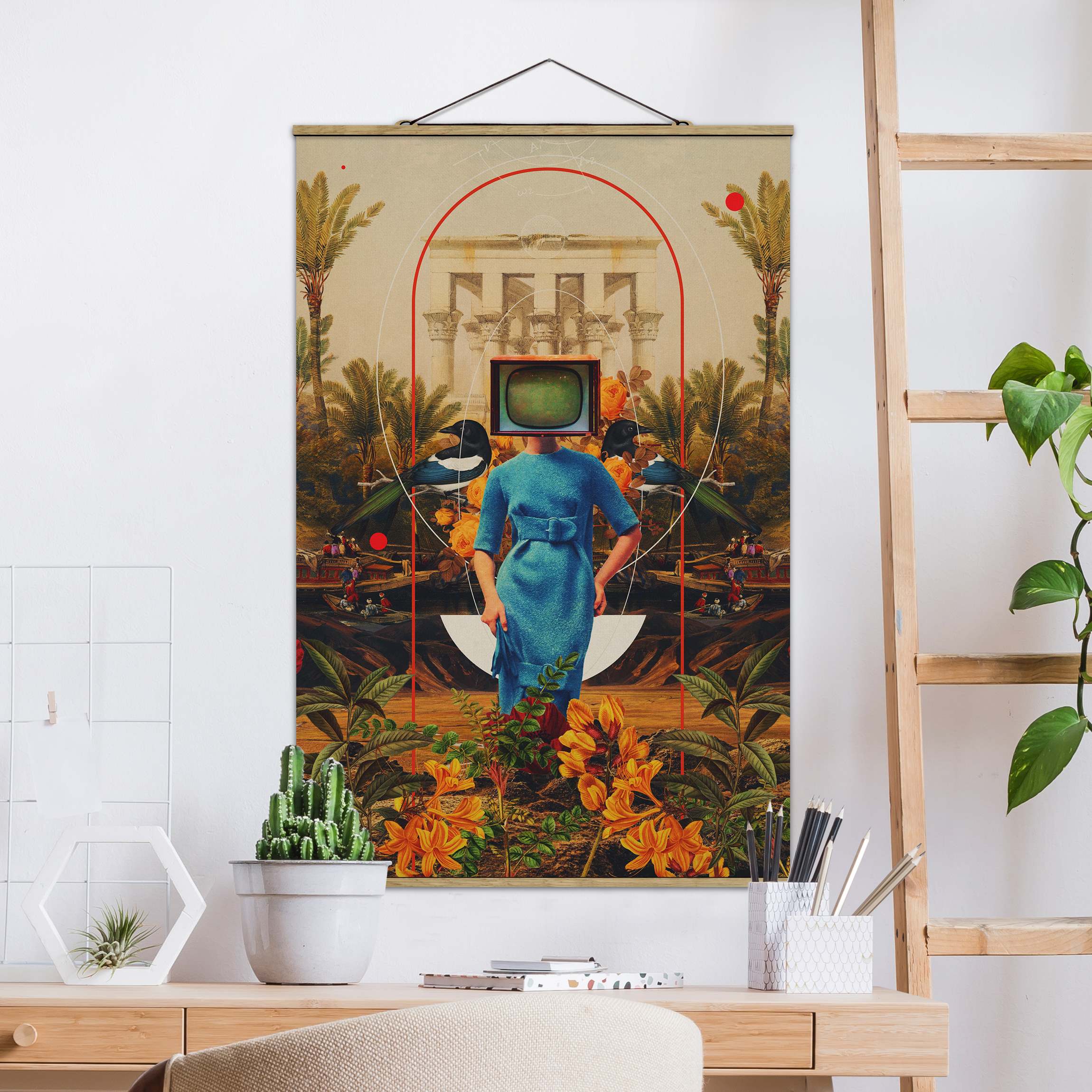 Stoffbild mit Posterleisten Retro Dschungel Fernseher