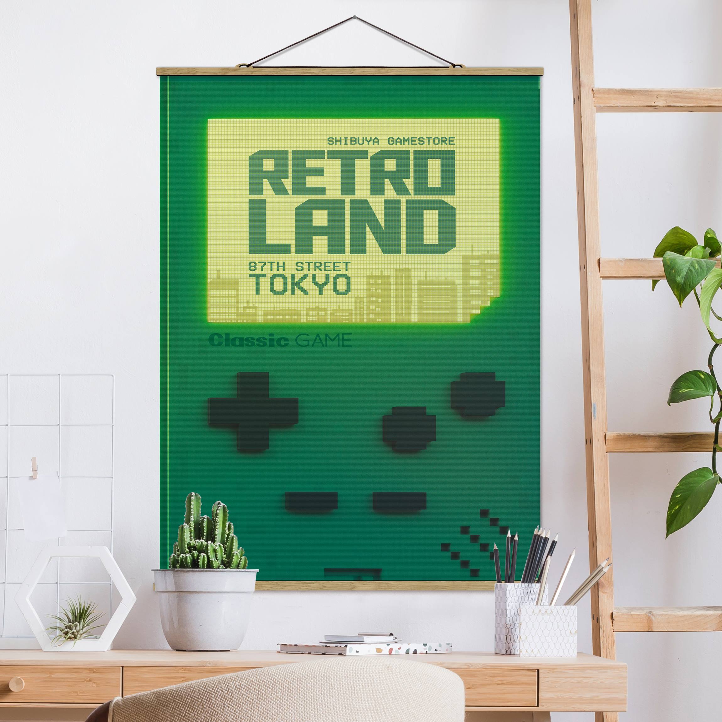 Stoffbild mit Posterleisten Retro Gaming Konsole in Türkis