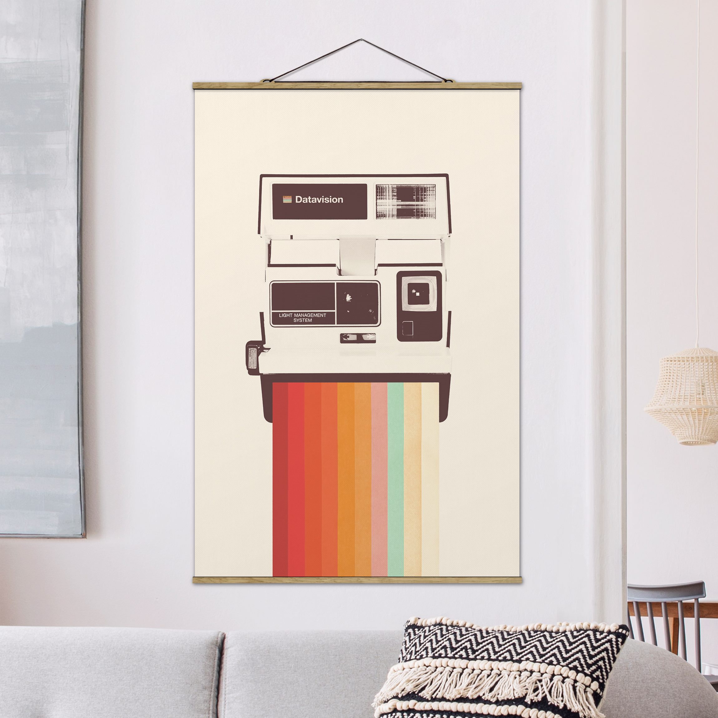 Stoffbild mit Posterleisten Retro Kamera mit Regenbogen Film
