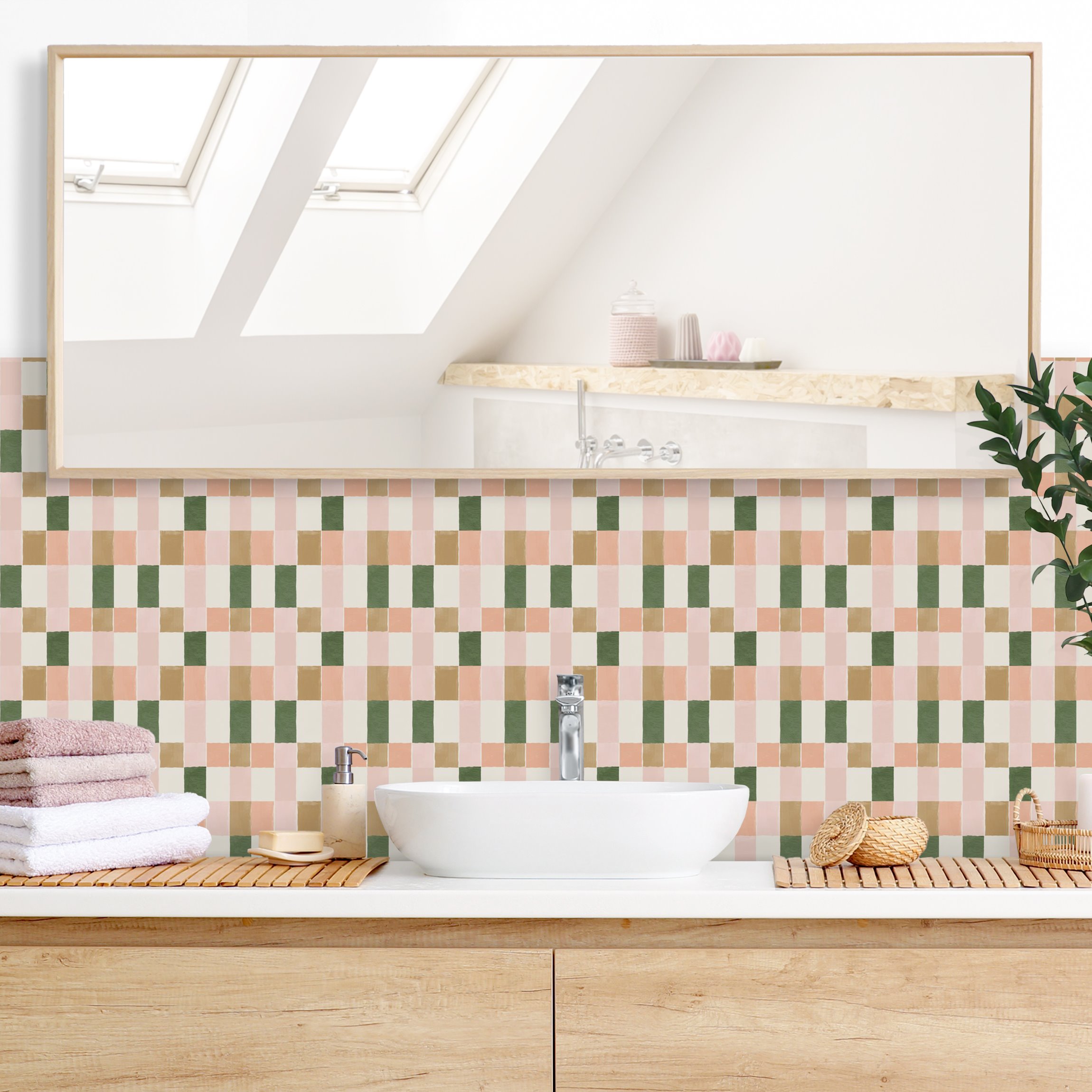 Wandverkleidung Bad Retro Karomuster Rose Dunkelgrün